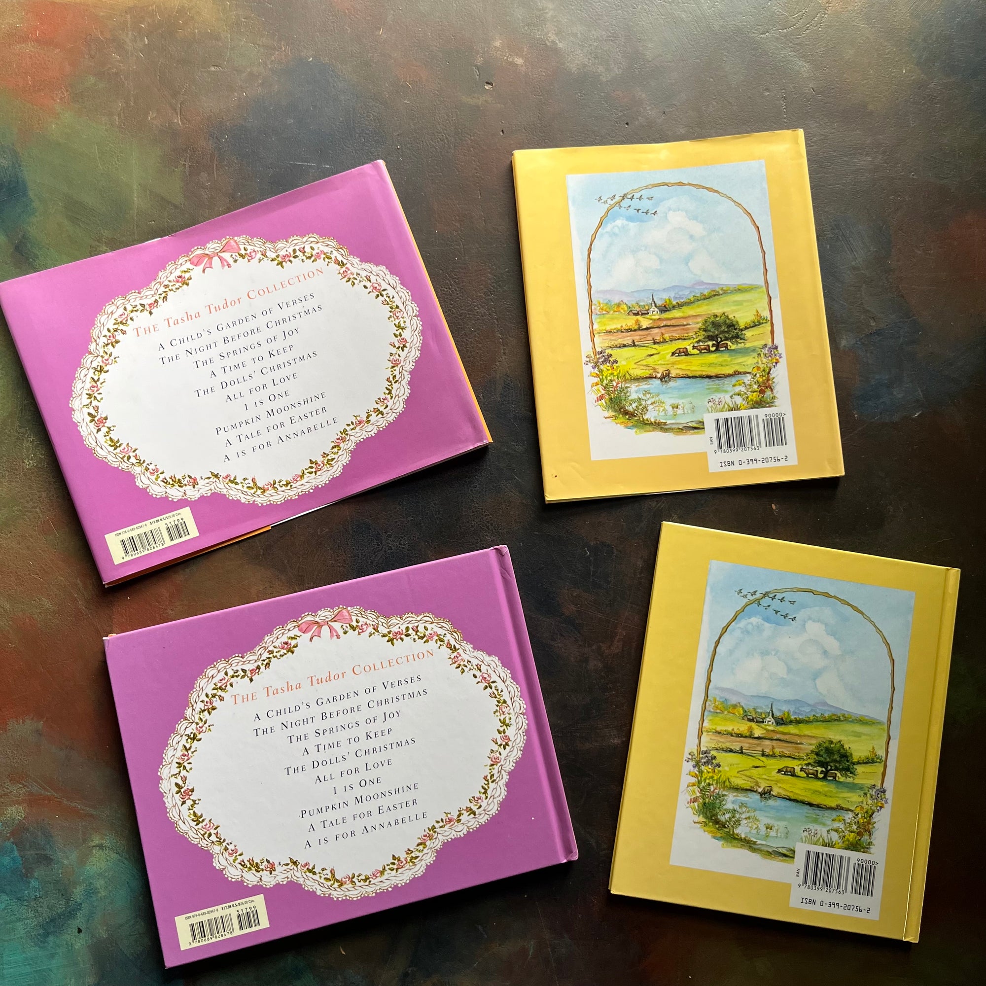 Pair of vintage children's books written by Tasha Tudor-Around the Years-The Lord is my Shepherd-Tasha Tudor Illustrations-view of the back covers