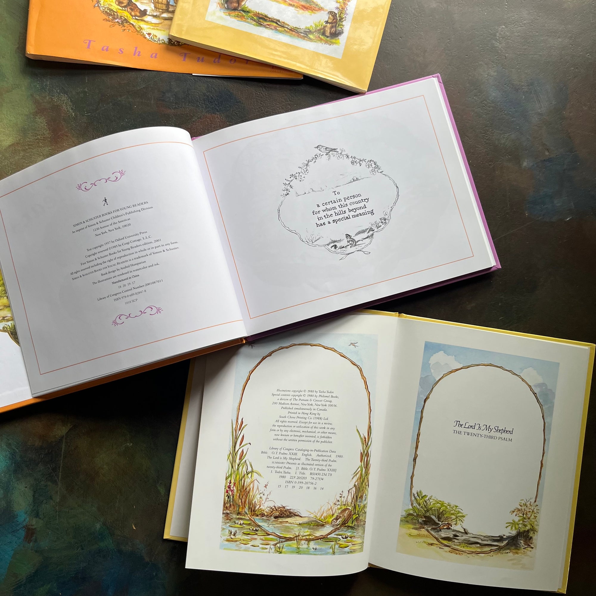 Pair of vintage children's books written by Tasha Tudor-Around the Years-The Lord is my Shepherd-Tasha Tudor Illustrations-view of the copyrights 