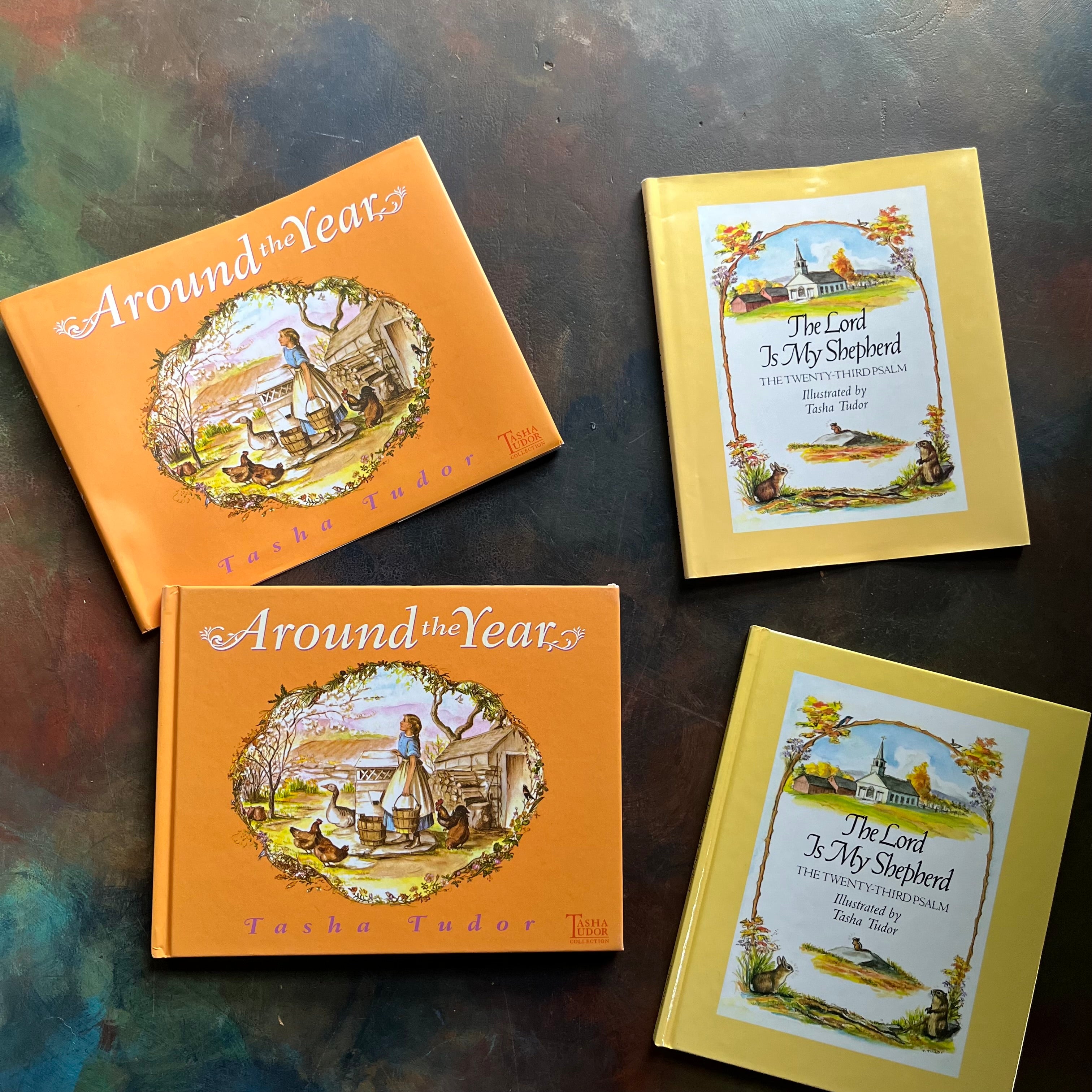 Pair of vintage children's books written by Tasha Tudor-Around the Years-The Lord is my Shepherd-Tasha Tudor Illustrations-view of the front covers