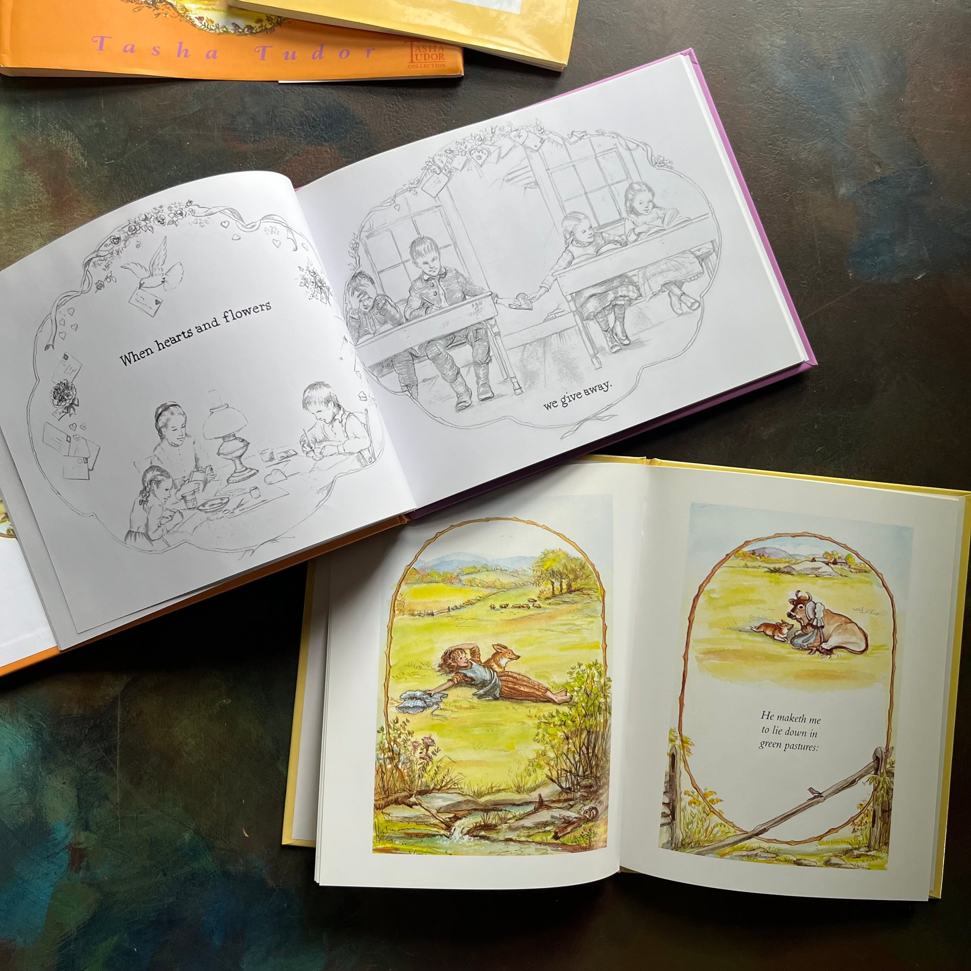 Pair of vintage children's books written by Tasha Tudor-Around the Years-The Lord is my Shepherd-Tasha Tudor Illustrations-view of the illustrations