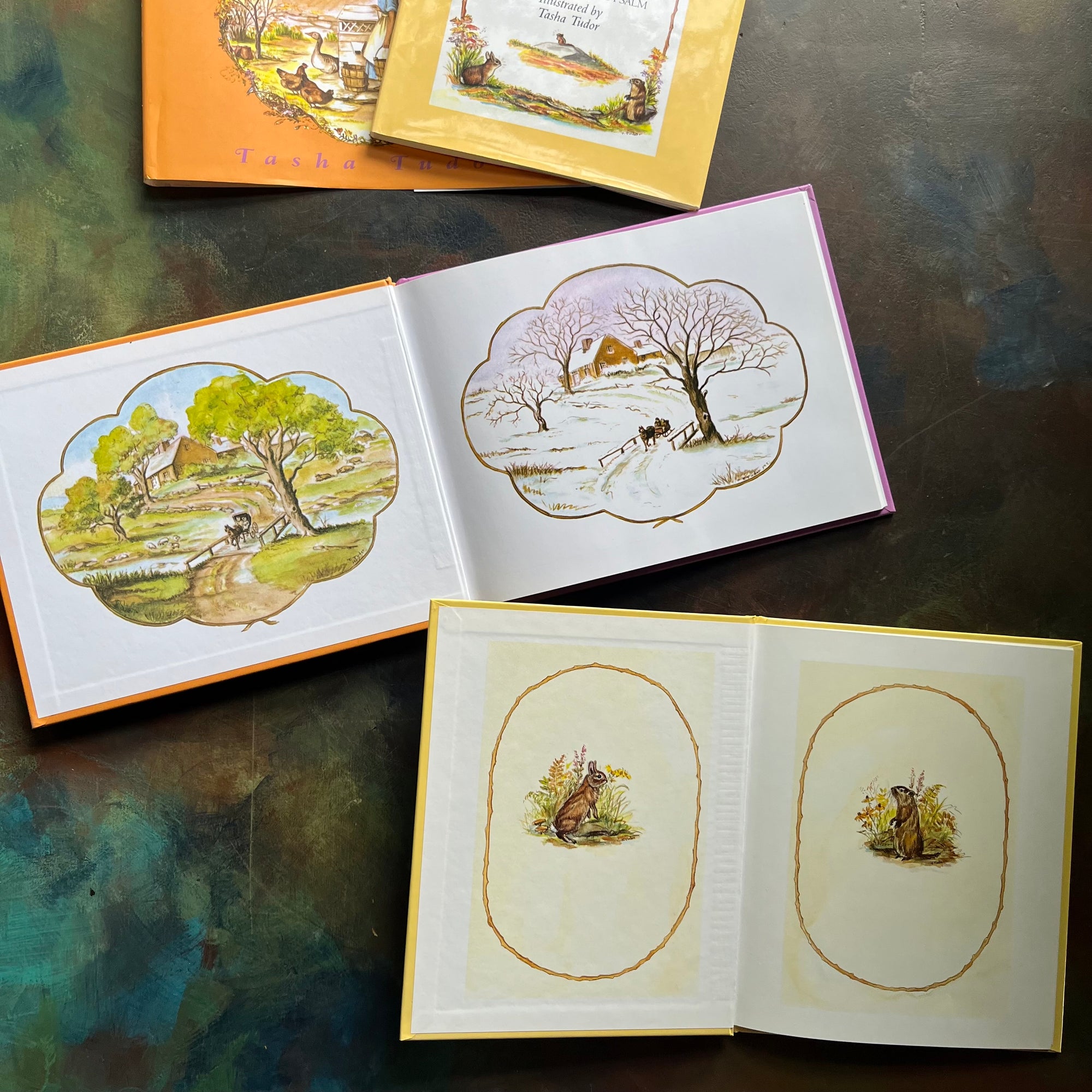 Pair of vintage children's books written by Tasha Tudor-Around the Years-The Lord is my Shepherd-Tasha Tudor Illustrations-view of the inside covers