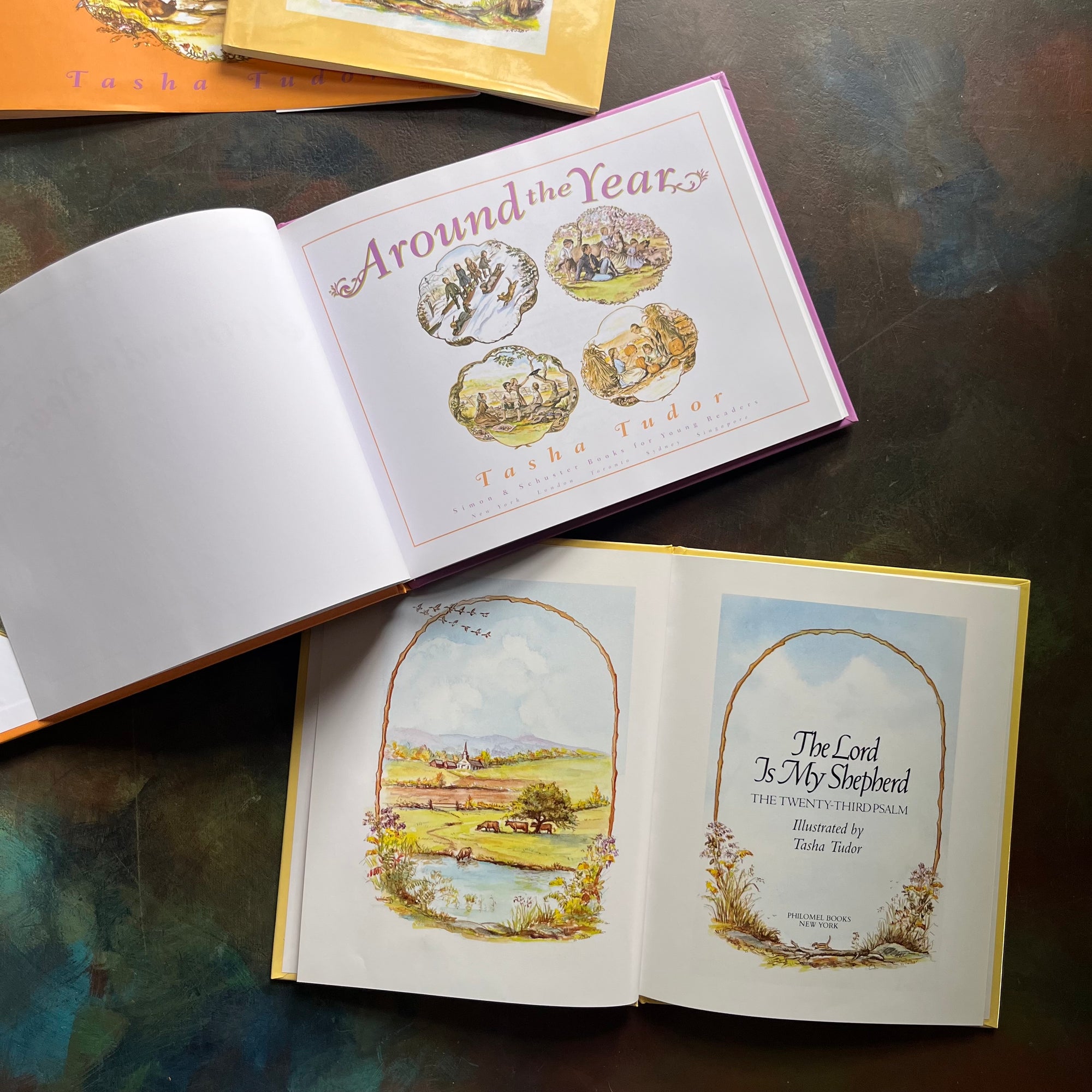 Pair of vintage children's books written by Tasha Tudor-Around the Years-The Lord is my Shepherd-Tasha Tudor Illustrations-view of the title pages
