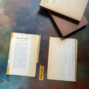 Pair of vintage dog books for children-Follow My Lead by James B. Garfield-The Mystery Dogs of Glen Hazard by Maristan Chapman-view of the dust jacket's inside flaps