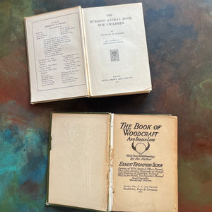 Pair of vintage living nature guides for children and young adults-The Burgess Animal Book for Children written by Thornton W. Burgess and The Book of Woodcraft written by Ernest Thompson Seton-view of the title pages
