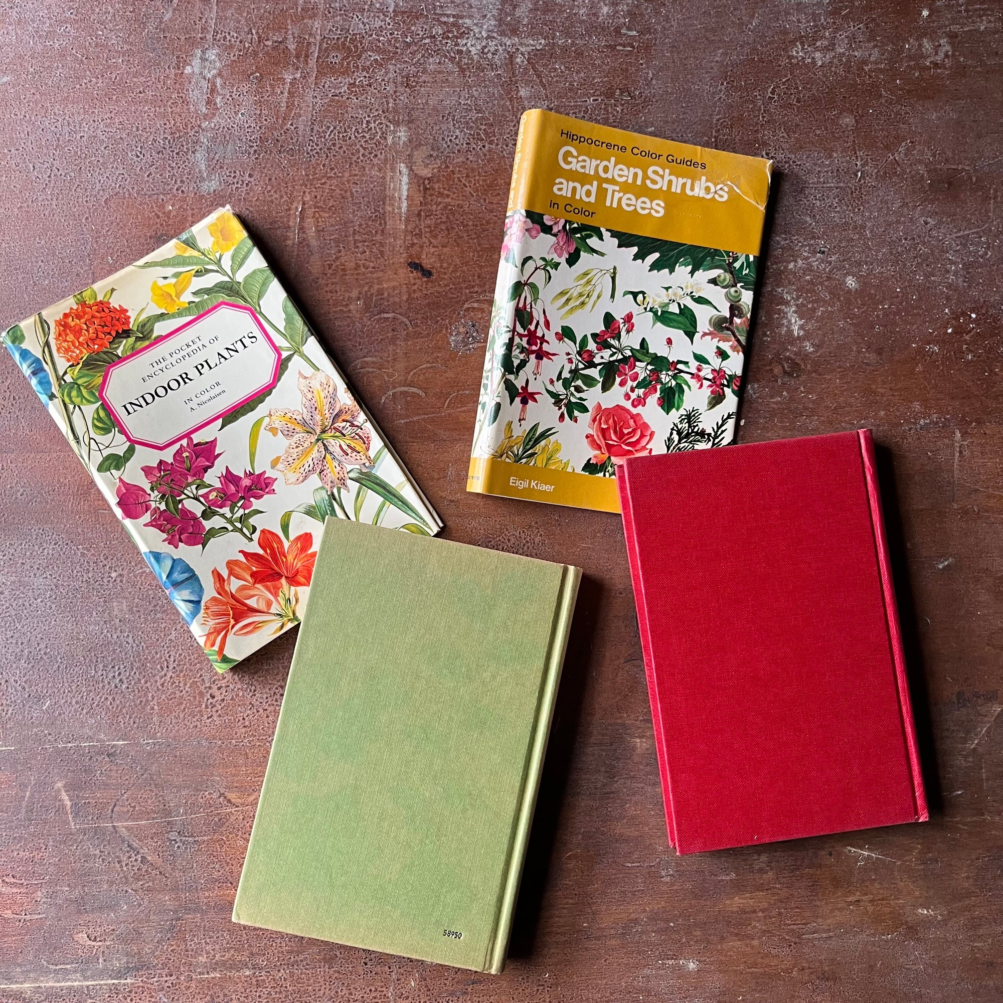 Pair of vintage plant books-Garden Shrubs & Trees and The Pocket Encyclopedia of Indoor Plants--vintage nature pocket guides-view of the back covers