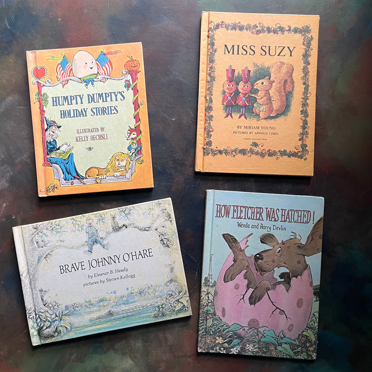 Parents’ Magazine Press Children’s Picture Books-Vintage Picture Books-1960s-1970s-Early Readers-Miss Suzy-read-aloud favorites-Miss Suzy-Humpty Dumpty's Holiday Stories-Brave Johnny O'Hare-How Fletcher Was Hatched!-view of the front covers with images from each book depicted