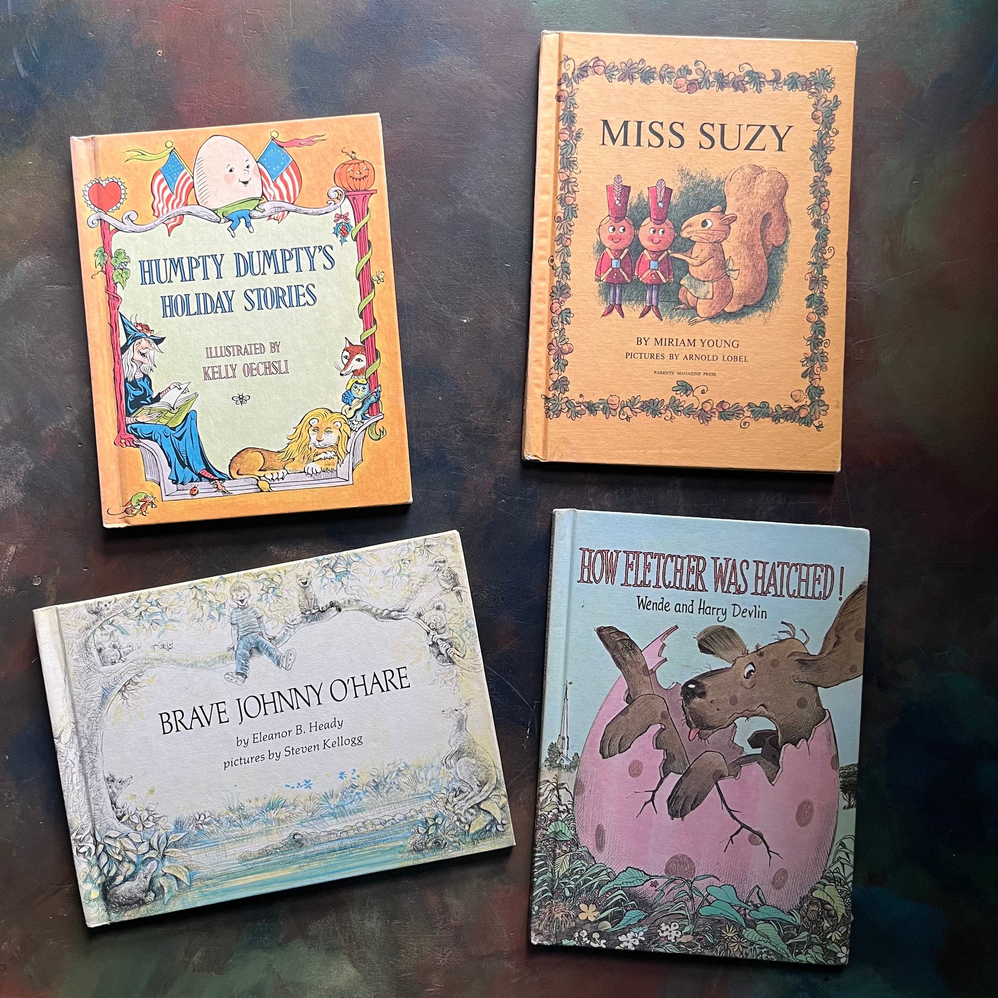 Parents’ Magazine Press Children’s Picture Books-Vintage Picture Books-1960s-1970s-Early Readers-Miss Suzy-read-aloud favorites-Miss Suzy-Humpty Dumpty's Holiday Stories-Brave Johnny O'Hare-How Fletcher Was Hatched!-view of the front covers with images from each book depicted