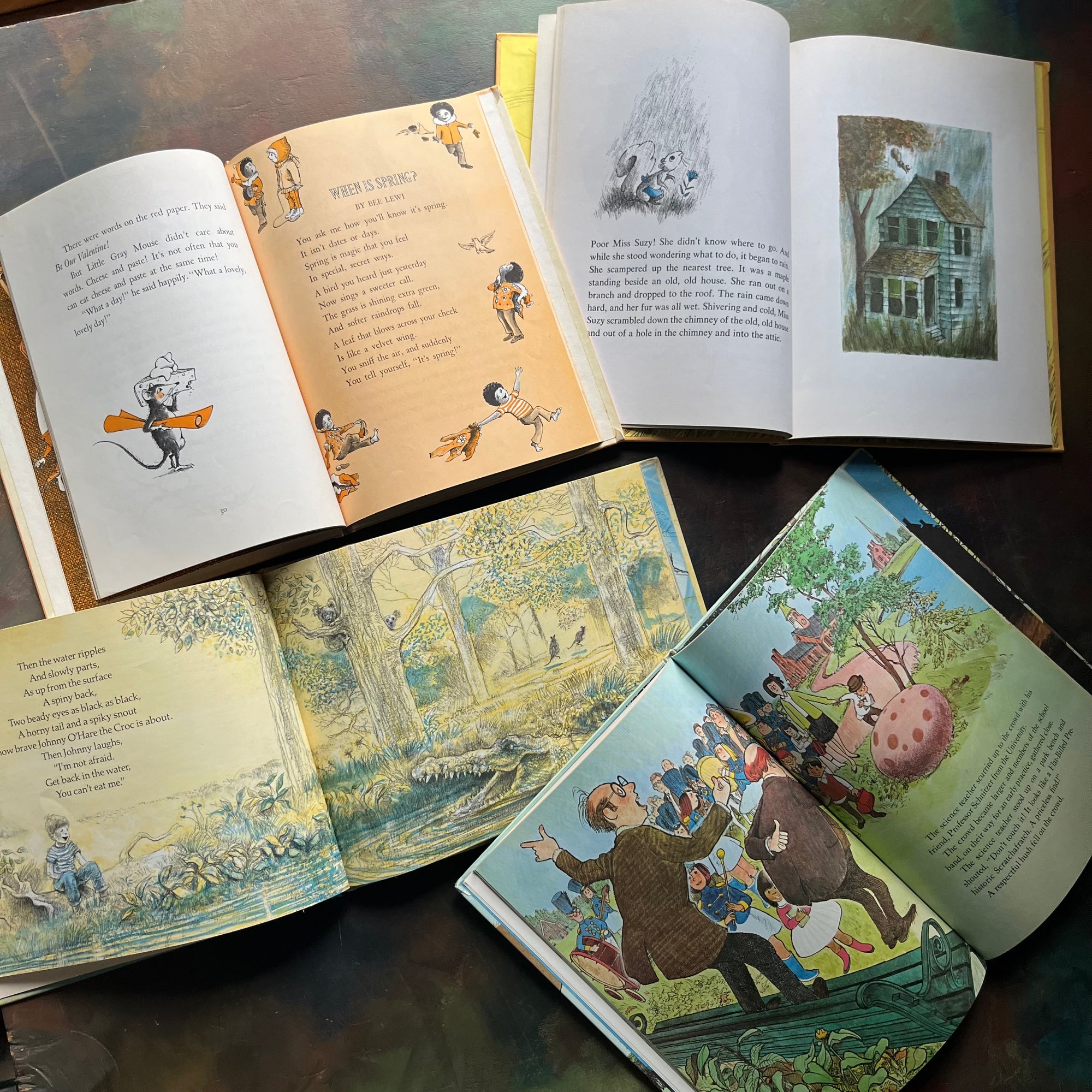 Parents’ Magazine Press Children’s Picture Books-Vintage Picture Books-1960s-1970s-Early Readers-Miss Suzy-read-aloud favorites-Miss Suzy-Humpty Dumpty's Holiday Stories-Brave Johnny O'Hare-How Fletcher Was Hatched!-view of the illustrations from each book