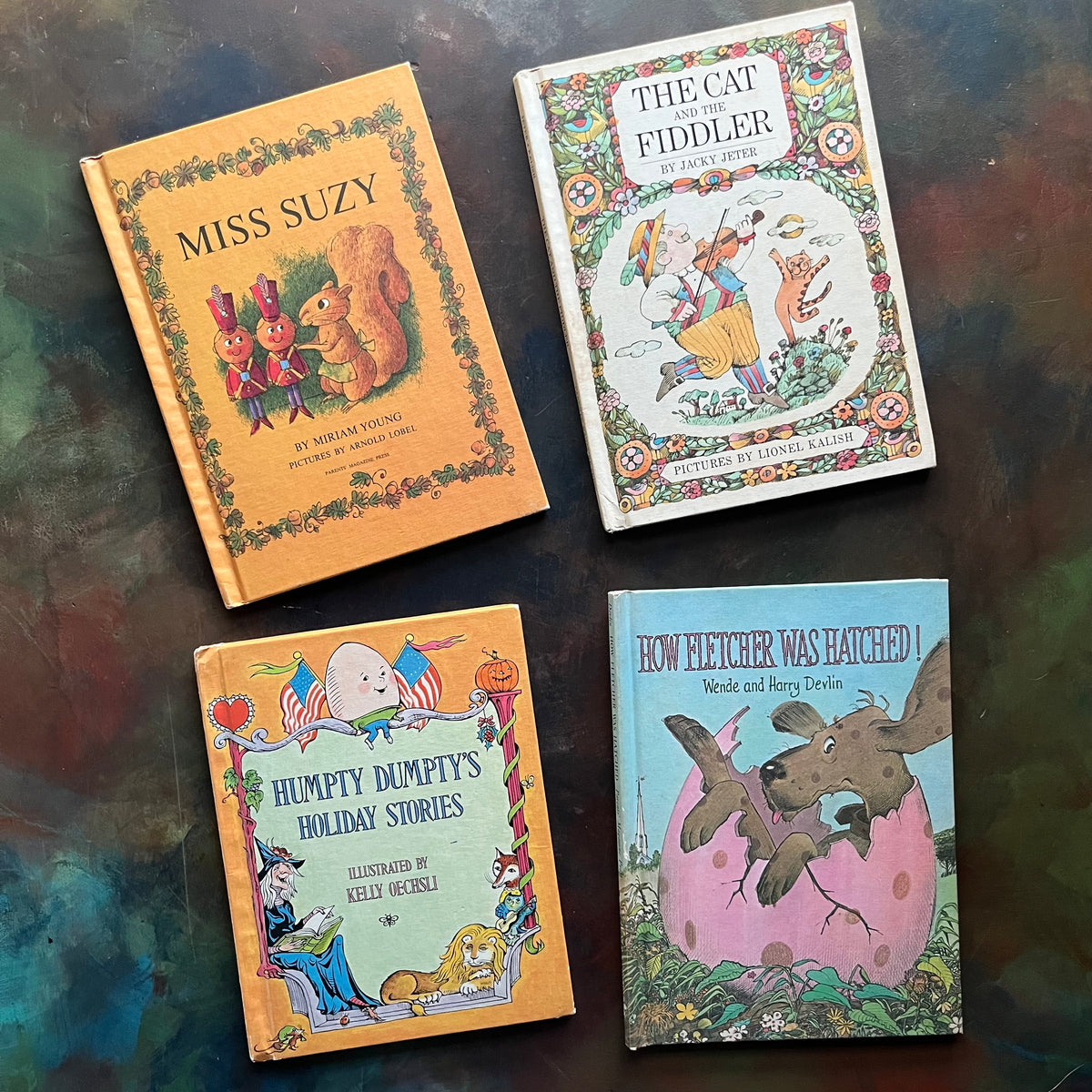 Parents’ Magazine Press Children’s Picture Books-Vintage Picture Books-1960s-1970s-Early Readers-Miss Suzy-The Cat and the Fiddler-Humpty Dumpty's Holiday Stories-How Fletcher Was Hatched!-view of the front covers