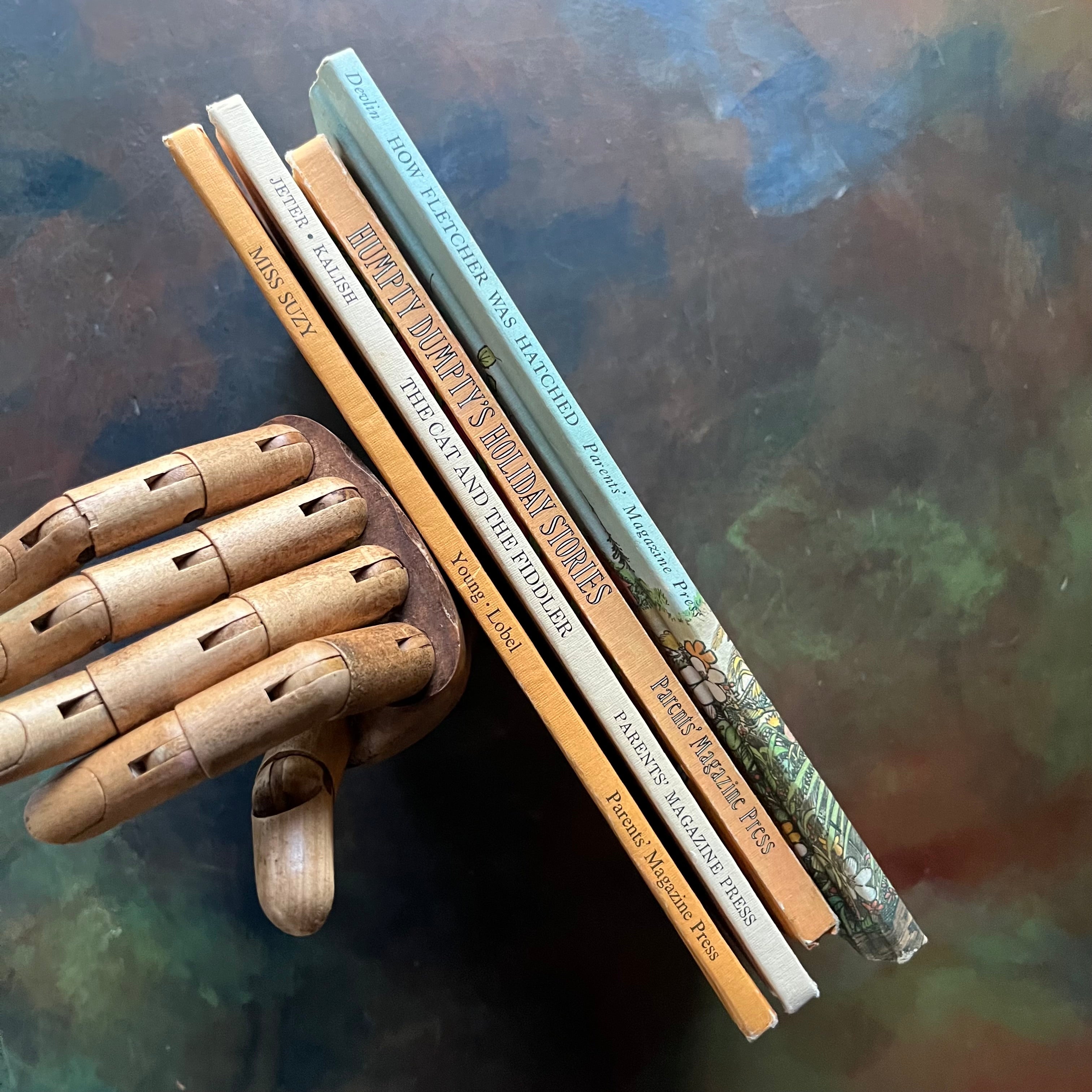 Parents’ Magazine Press Children’s Picture Books-Vintage Picture Books-1960s-1970s-Early Readers-Miss Suzy-The Cat and the Fiddler-Humpty Dumpty's Holiday Stories-How Fletcher Was Hatched!-view of the spines