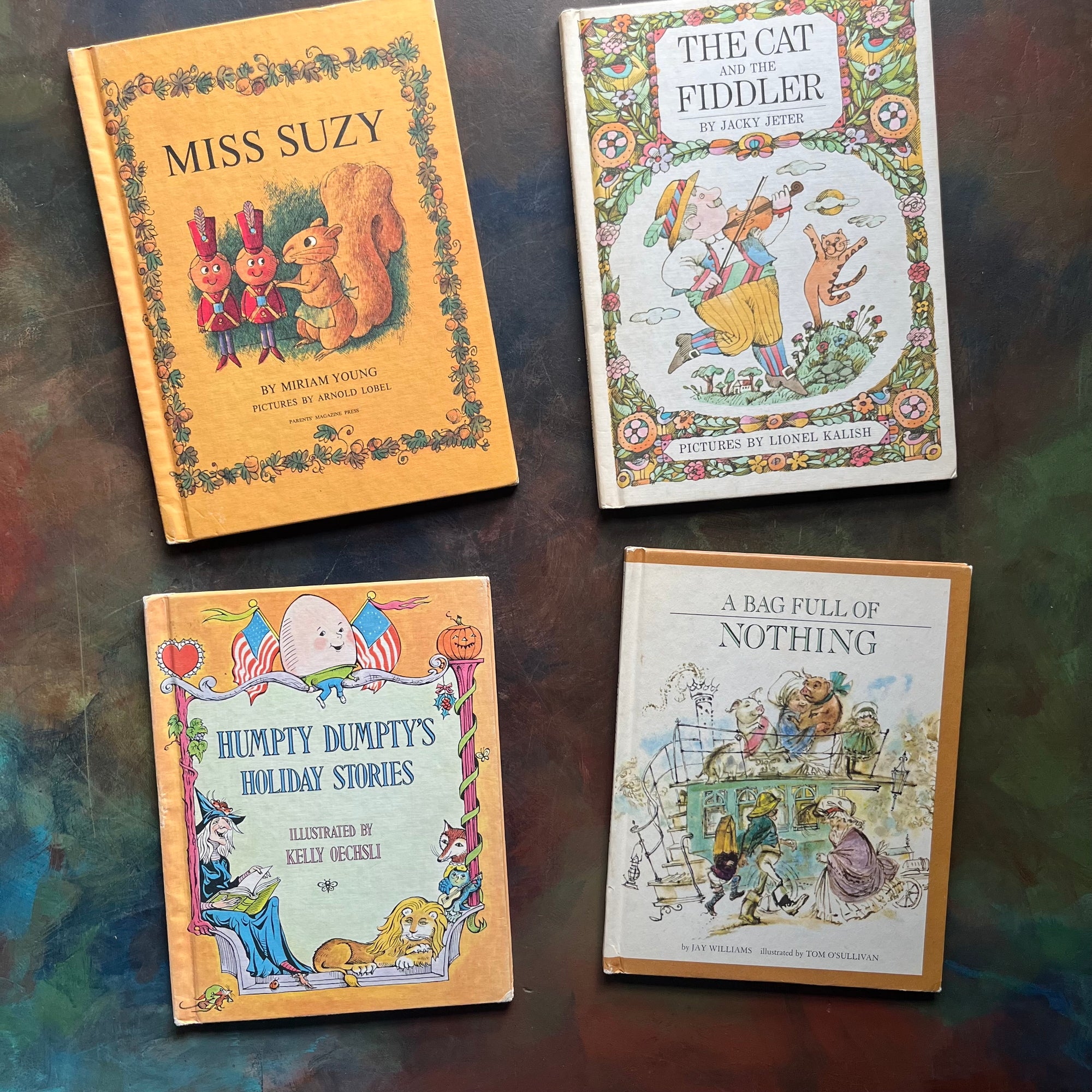 Parents’ Magazine Press Children’s Picture Books-Vintage Picture Books from the 1960s' & 1970's-Miss Suzy-Humpty Dumpty's Holiday Stories-The Cat and the Fiddler-A Bag Full of Nothing-view of the front covers