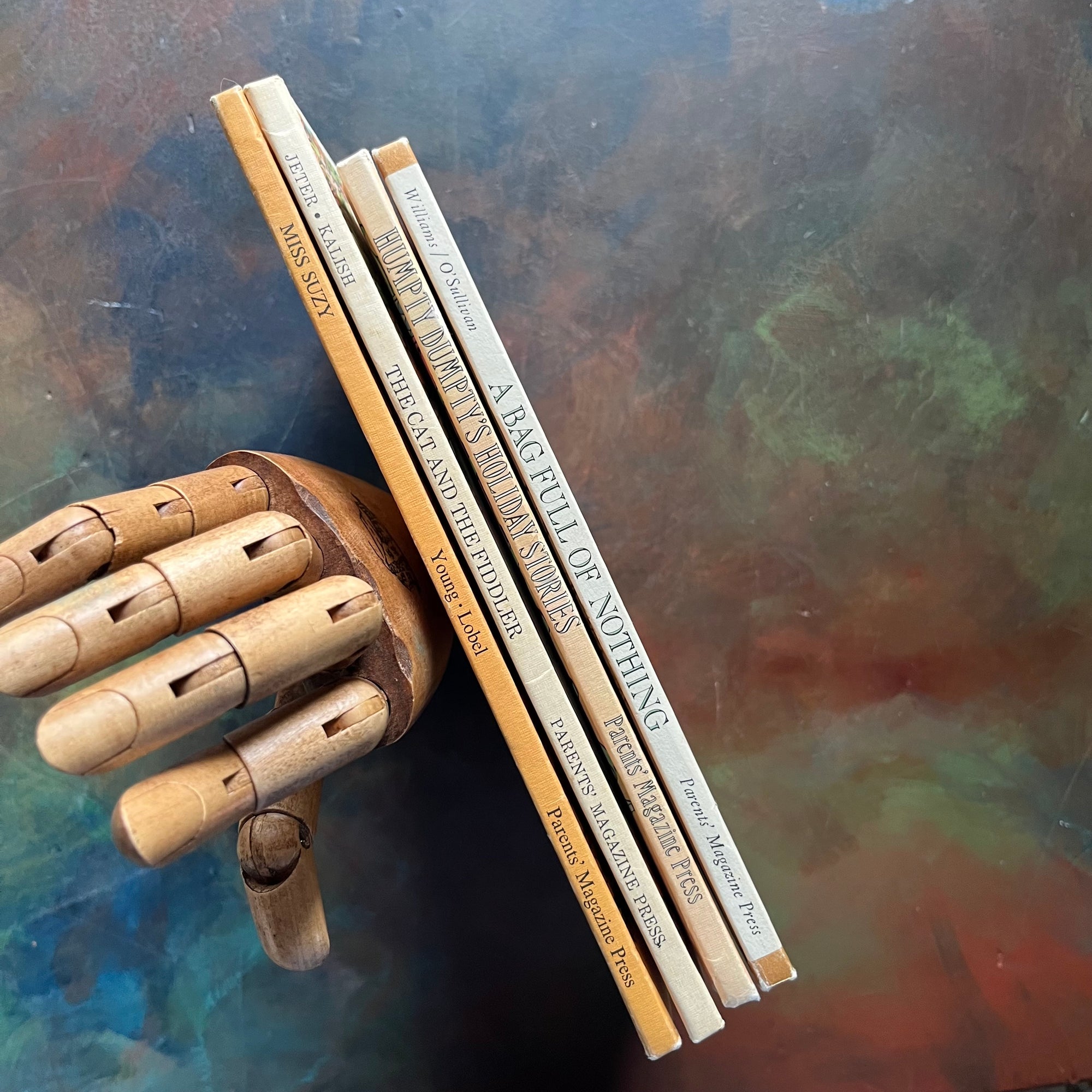 Parents’ Magazine Press Children’s Picture Books-Vintage Picture Books from the 1960s' & 1970's-Miss Suzy-Humpty Dumpty's Holiday Stories-The Cat and the Fiddler-A Bag Full of Nothing-view of the spines