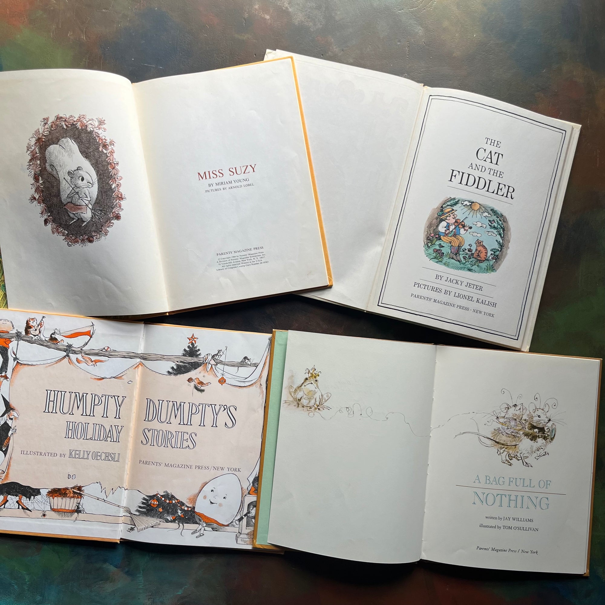 Parents’ Magazine Press Children’s Picture Books-Vintage Picture Books from the 1960s' & 1970's-Miss Suzy-Humpty Dumpty's Holiday Stories-The Cat and the Fiddler-A Bag Full of Nothing-view of the title pages