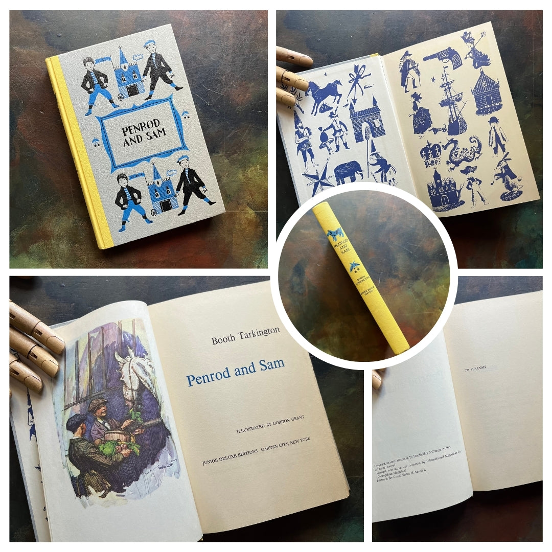 A collage of Junior Deluxe Edition books showing the cover, inside cover, spine, title page and copyright page of the book, Penrod and Sam, written by Booth Tarkington - vintage children's classic literature books-collectible children's books-rainbow book spines
