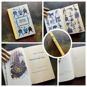 A collage of Junior Deluxe Edition books showing the cover, inside cover, spine, title page and copyright page of the book, Penrod and Sam, written by Booth Tarkington - vintage children's classic literature books-collectible children's books-rainbow book spines