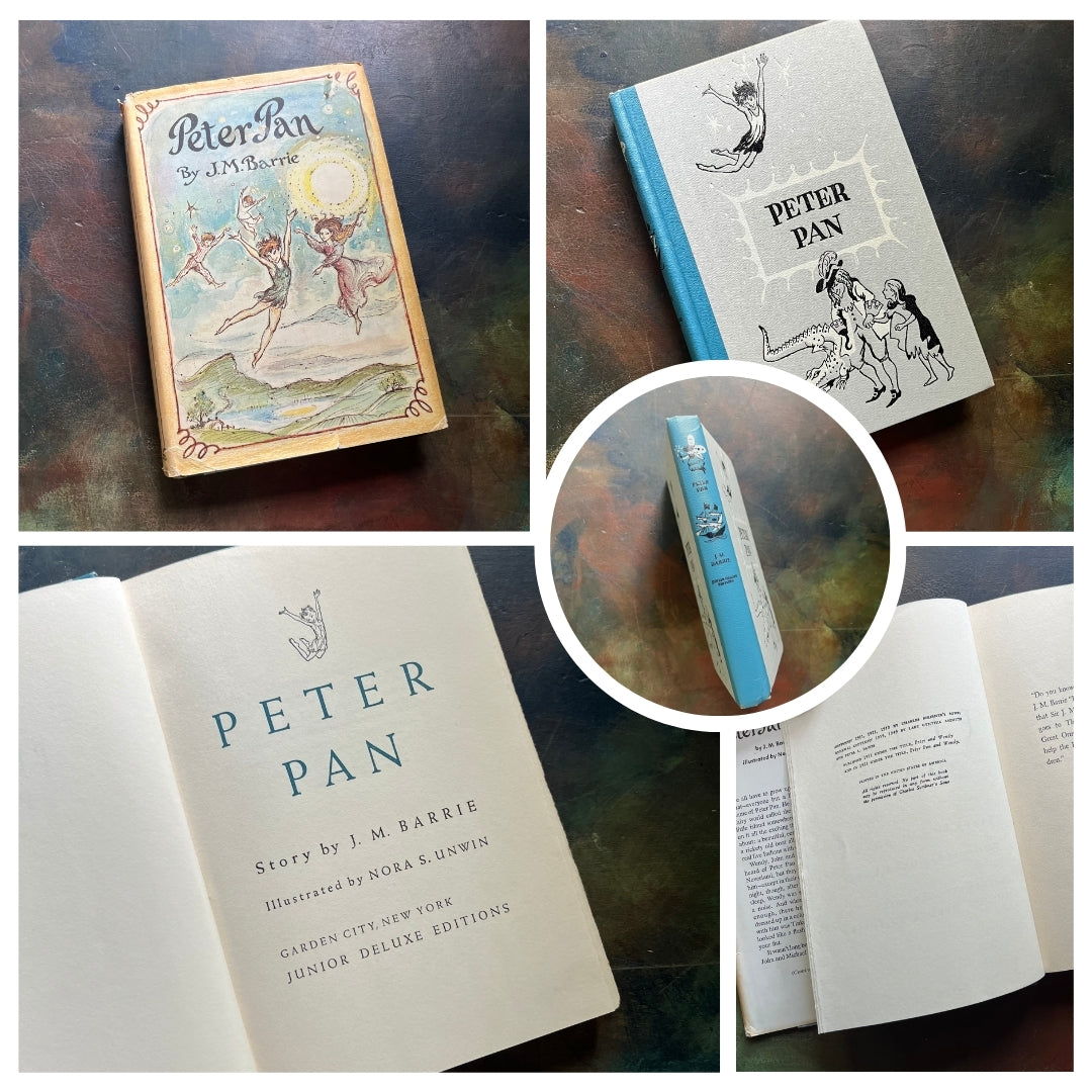 A collage of Junior Deluxe Edition books showing the cover, inside cover, spine, title page and copyright page of the book, Peter Pan, written by J. M. Barrie - vintage children's classic literature books-collectible children's books-rainbow book spines