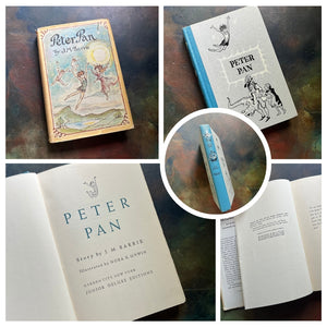 A collage of Junior Deluxe Edition books showing the cover, inside cover, spine, title page and copyright page of the book, Peter Pan, written by J. M. Barrie - vintage children's classic literature books-collectible children's books-rainbow book spines