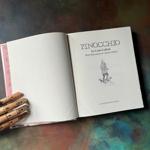 Pinocchio written by Carlo Collodi with illustrations by Charles Folkard-1987 Longmeadow Pres Edition-classic children's literature-vintage children's chapter book-view of the title page