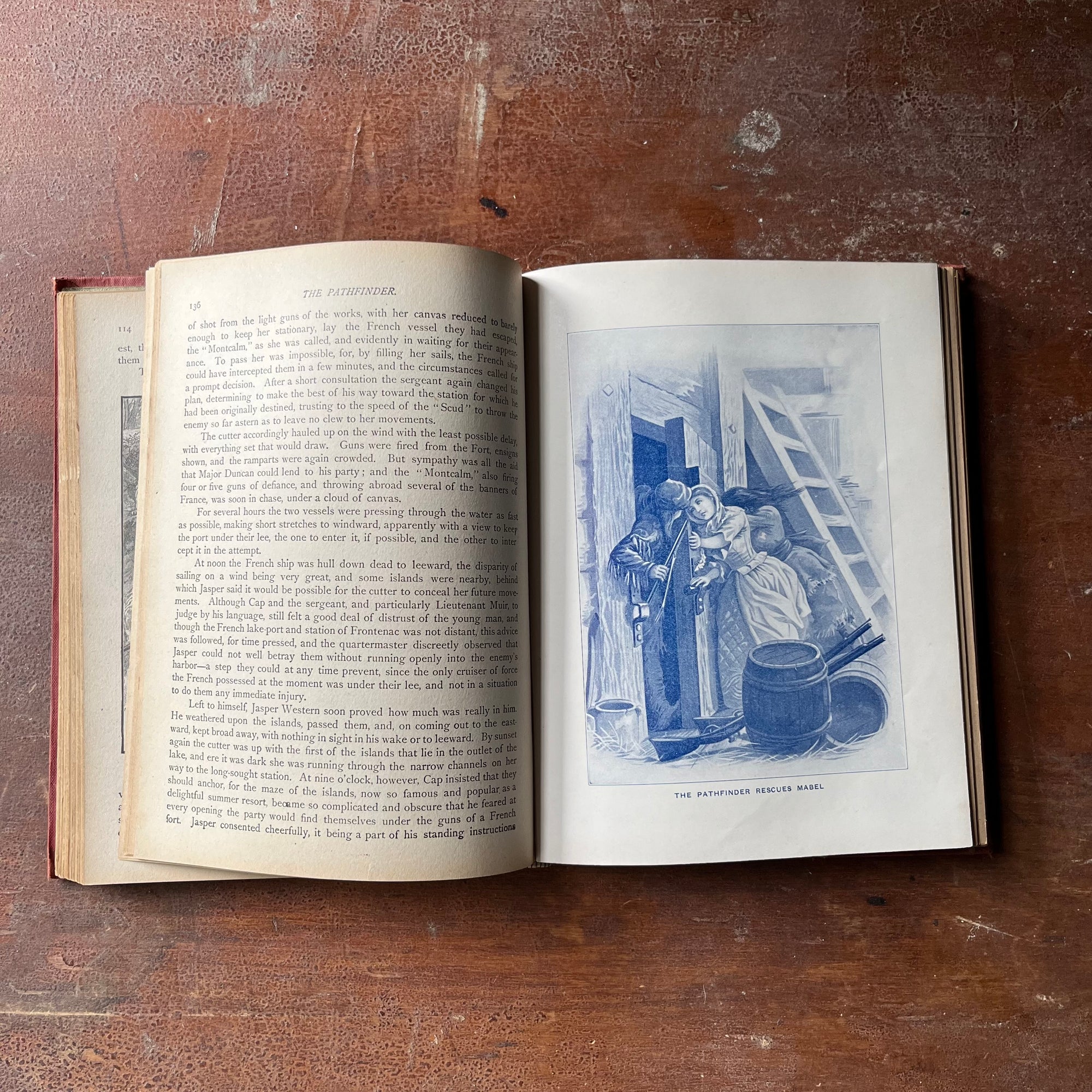 vintage children's chapter books - Pioneer Stories Every Child Should Know Leatherstocking Tales written by J. Fenimore Cooper - view of the color illustration in blue