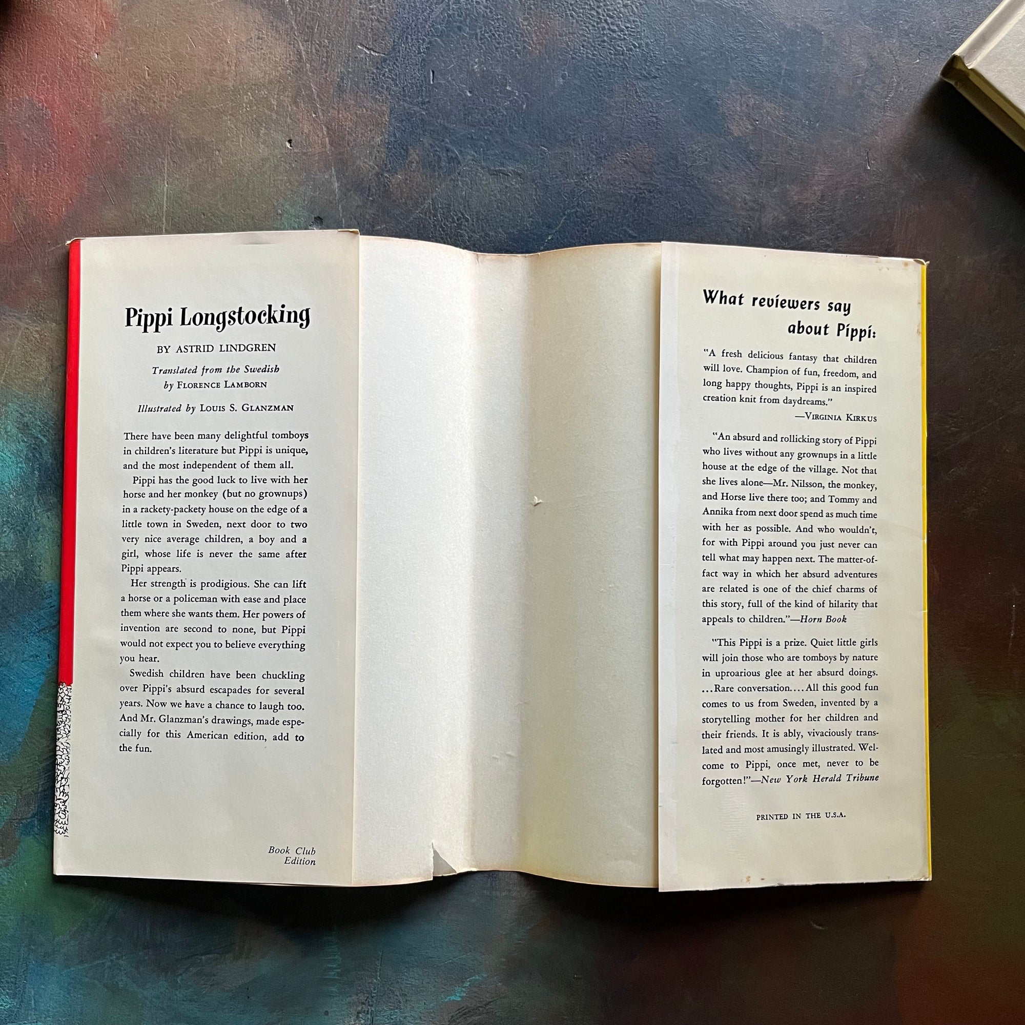 Pippi Longstocking by Astrid Lindgren-1950 book club edition with dust jacket-vintage children's book-read aloud favorite-view of the dust jacket's inside flaps