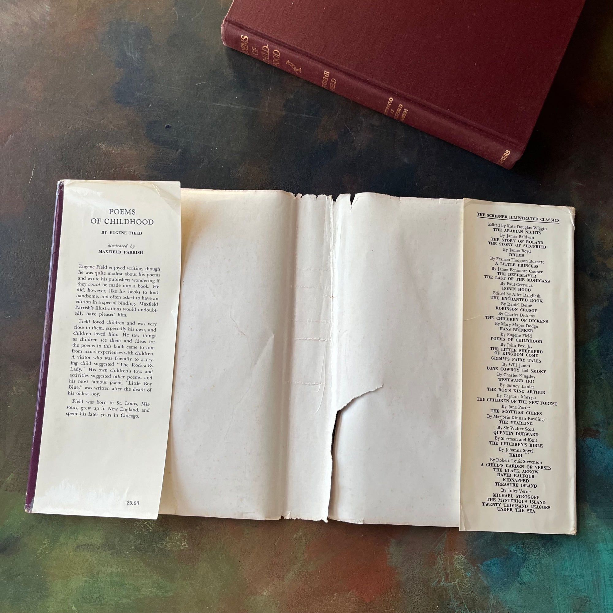 Poems of Childhood by Eugene Field illustrated by Maxfield Parrish-1955 Edition-vintage poetry for children-view of the dust jacket's inside cover - note the tear near the spine