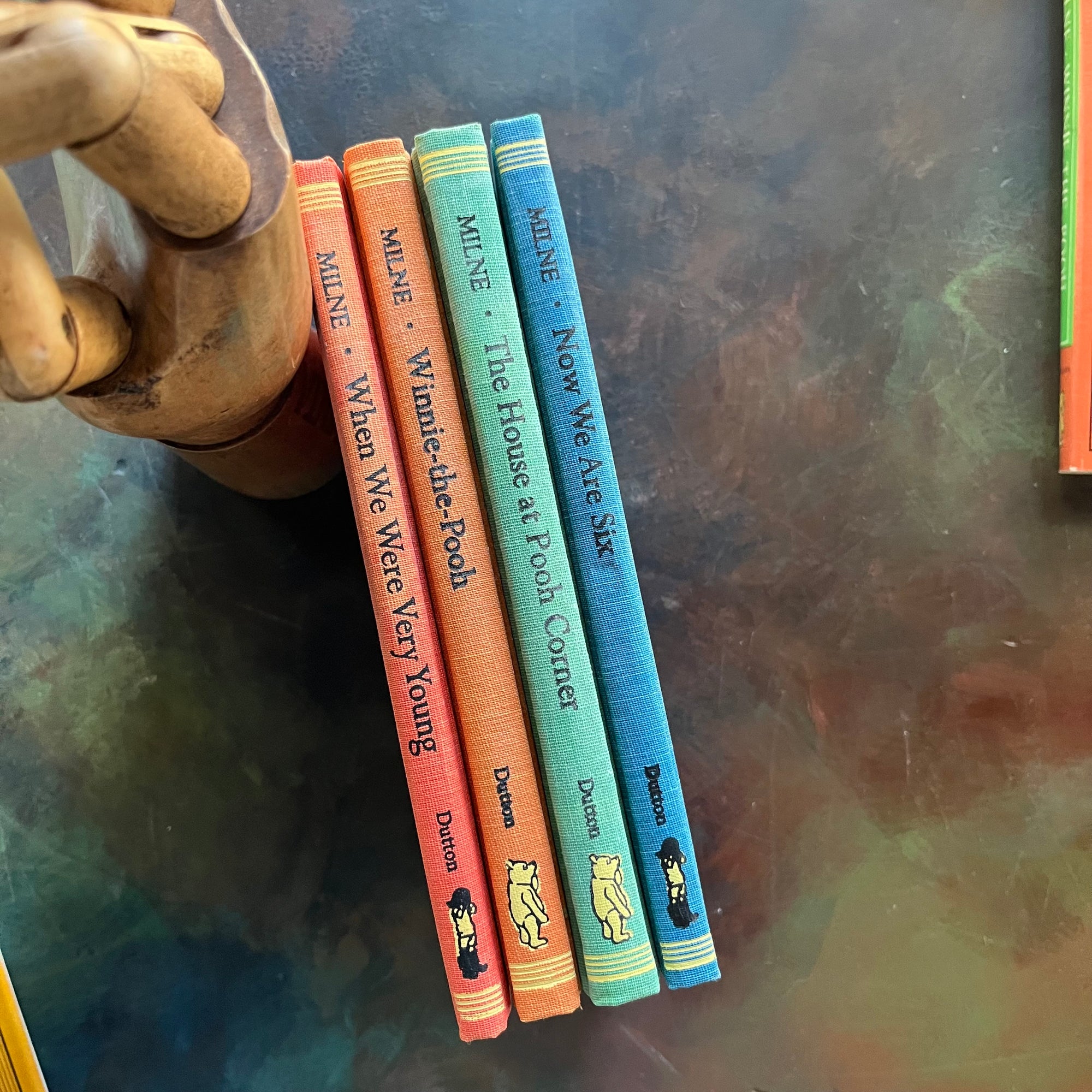 Pooh's Library - Winnie the Pooh Box Set-A. A. Milne-E. H. Shepard-read aloud revival books-vintage children's short stories-view of the clothbound spines