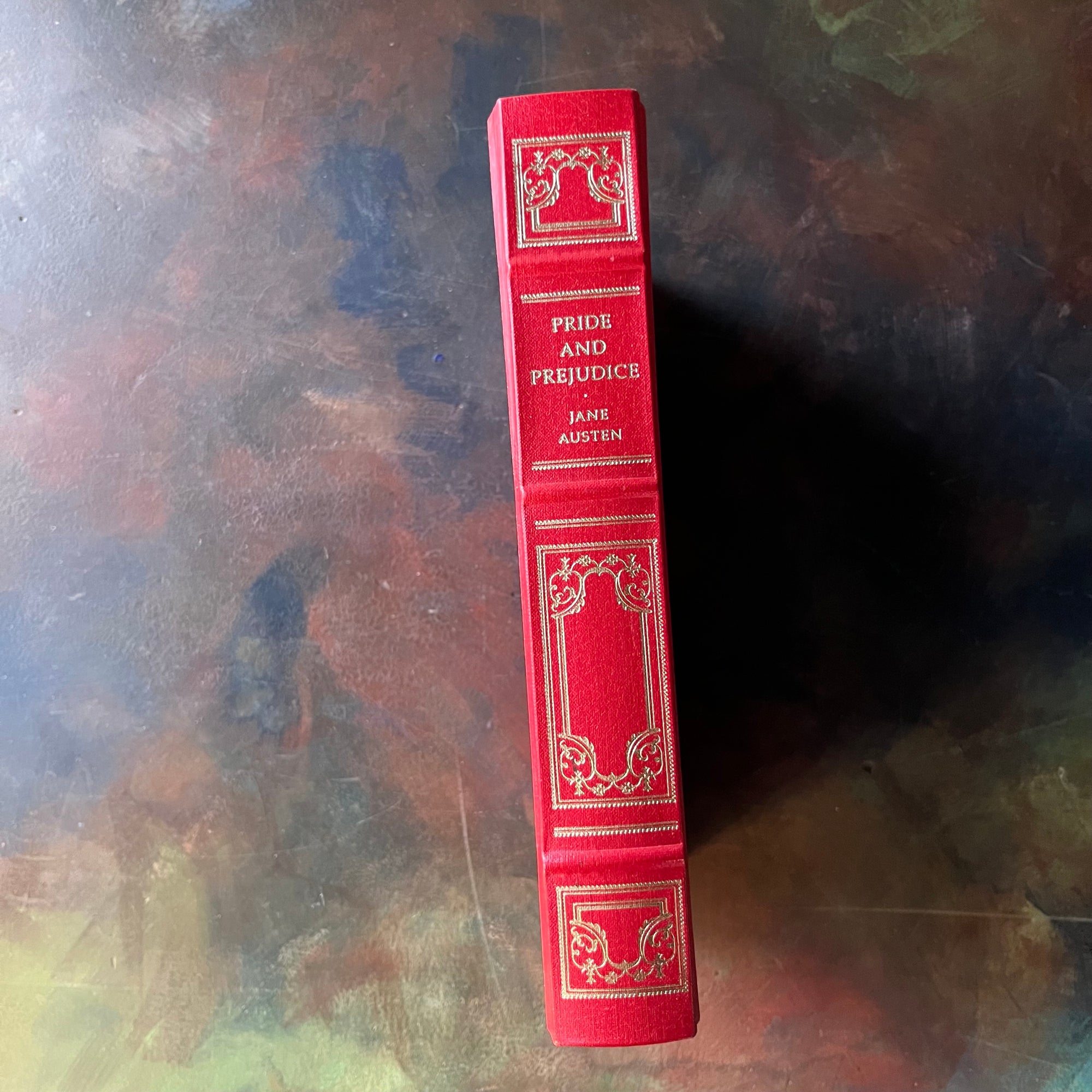 Pride and Prejudice written by Jane Austen.  This is a 1980 edition printed by The Franklin Library-vintage classic literature-collector's edition-view of the spine