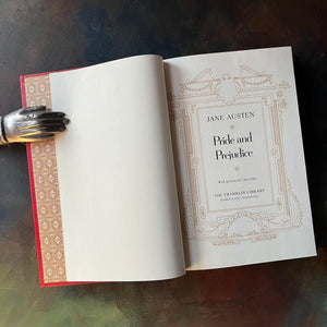 Pride and Prejudice written by Jane Austen.  This is a 1980 edition printed by The Franklin Library-vintage classic literature-collector's edition-view of the title page
