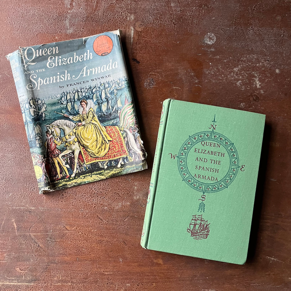 Queen Elizabeth and the Spanish Armada by Frances Winwar-vintage Landmark Series History Book for Children-view of the embossed front cover with a compass design with the title inside the compass