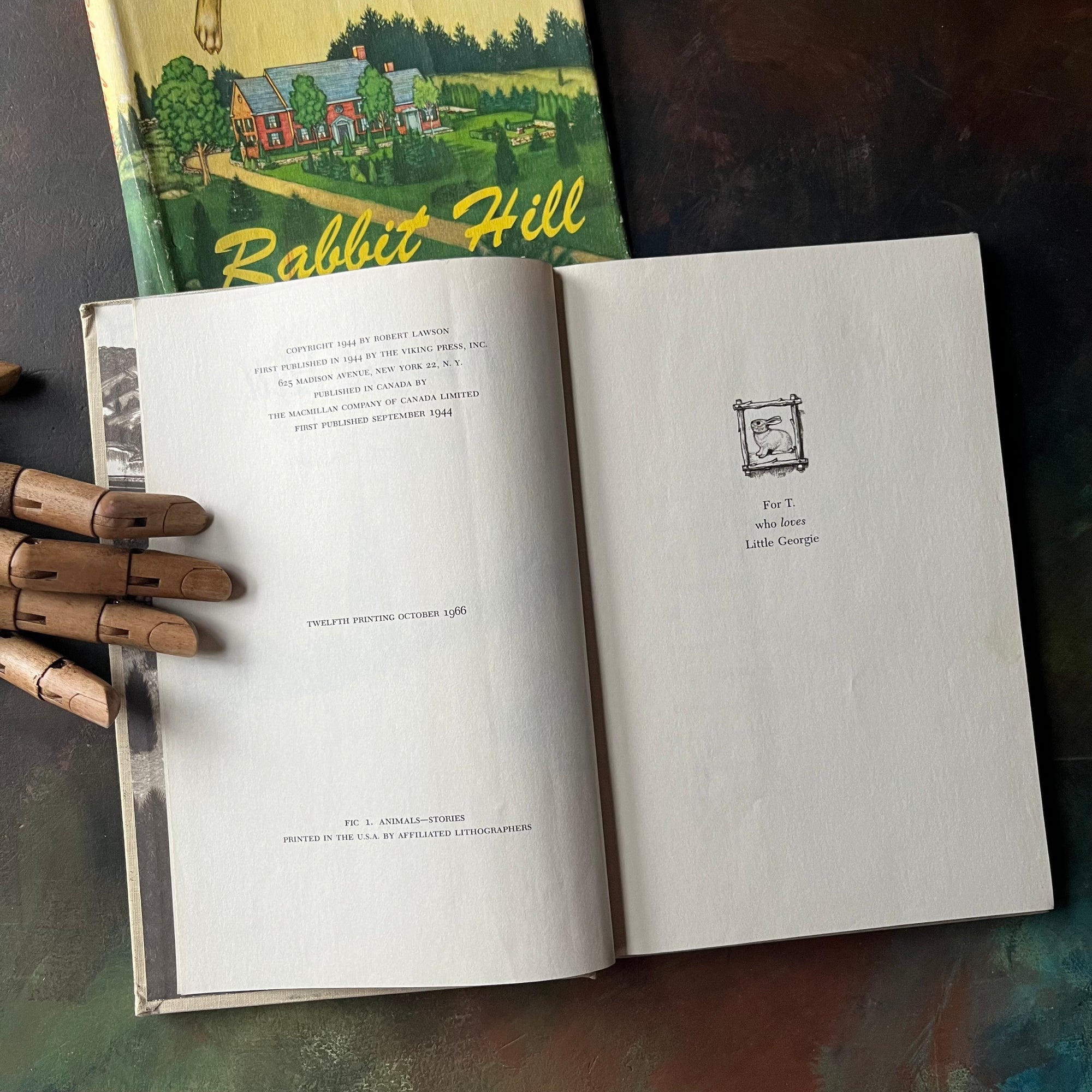Rabbit Hill written & illustrated by Robert Lawson-John Newbery Medal Winning Book-vintage children's chapter book-living book-view of the copyright & dedication pages