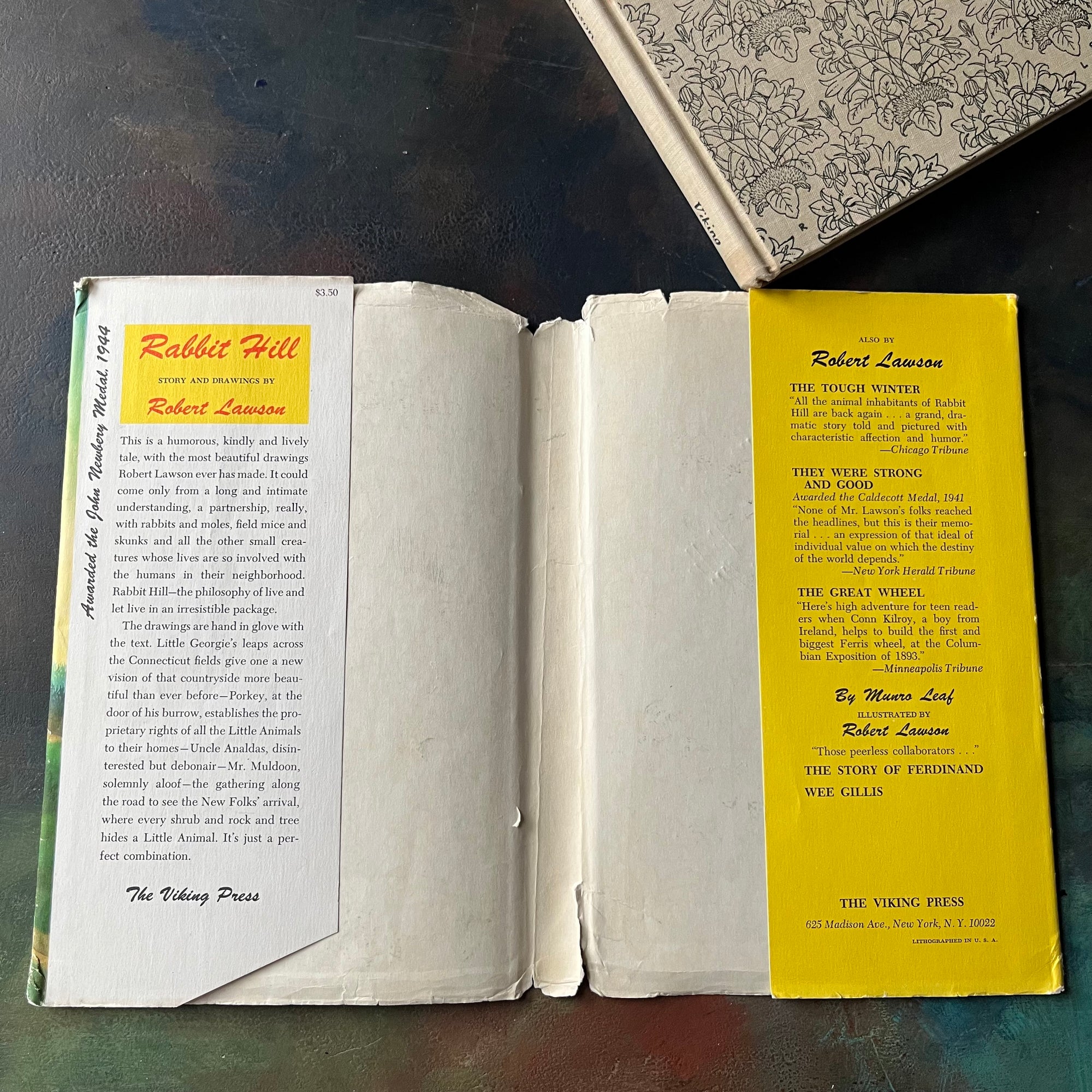 Rabbit Hill written & illustrated by Robert Lawson-John Newbery Medal Winning Book-vintage children's chapter book-living book-view of the dust jacket's inside flaps - note the clipped bottom edge on the front flap
