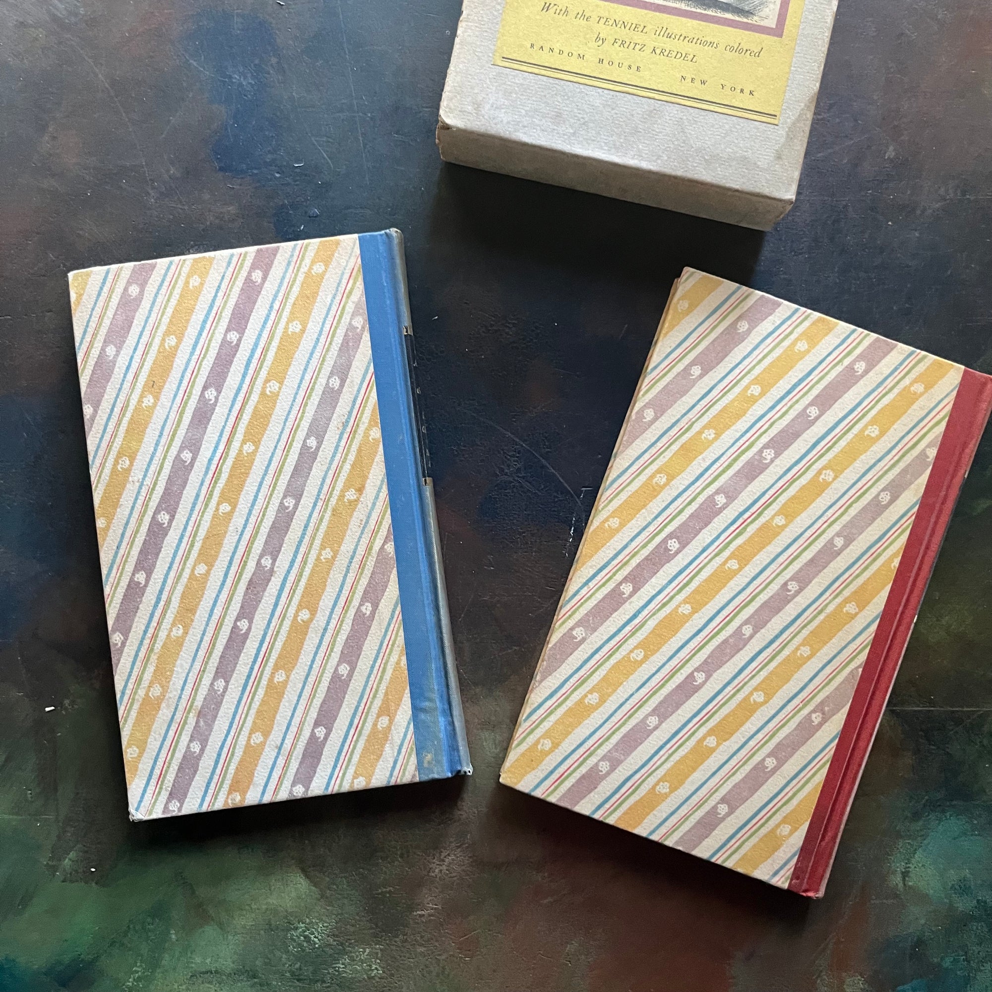 Random House Centennial Edition in Book Sleeve-Alice's Adventures in Wonderland-Through the Looking Glass & What Alice Saw There written by Lewis Carroll with illustrations by John Tenniel colored by Fritz Kredel-vintage children's classics-cabin100 book-view of the back covers