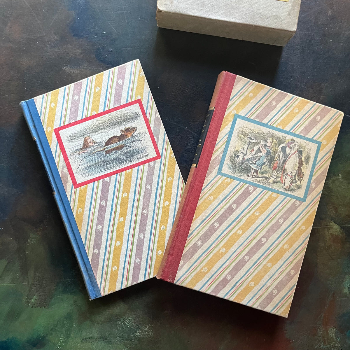 Random House Centennial Edition in Book Sleeve-Alice's Adventures in Wonderland-Through the Looking Glass & What Alice Saw There written by Lewis Carroll with illustrations by John Tenniel colored by Fritz Kredel-vintage children's classics-cabin100 book-view of the front covers