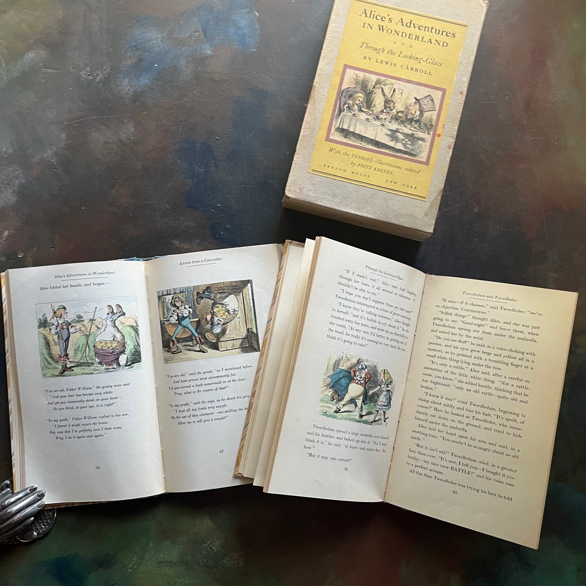 Random House 1946 Special Edition in Book Sleeve-Alice's Adventures in Wonderland-Through the Looking Glass & What Alice Saw There written by Lewis Carroll with illustrations by John Tenniel colored by Fritz Kredel-vintage children's classics-cabin100 book-view of the illustrations