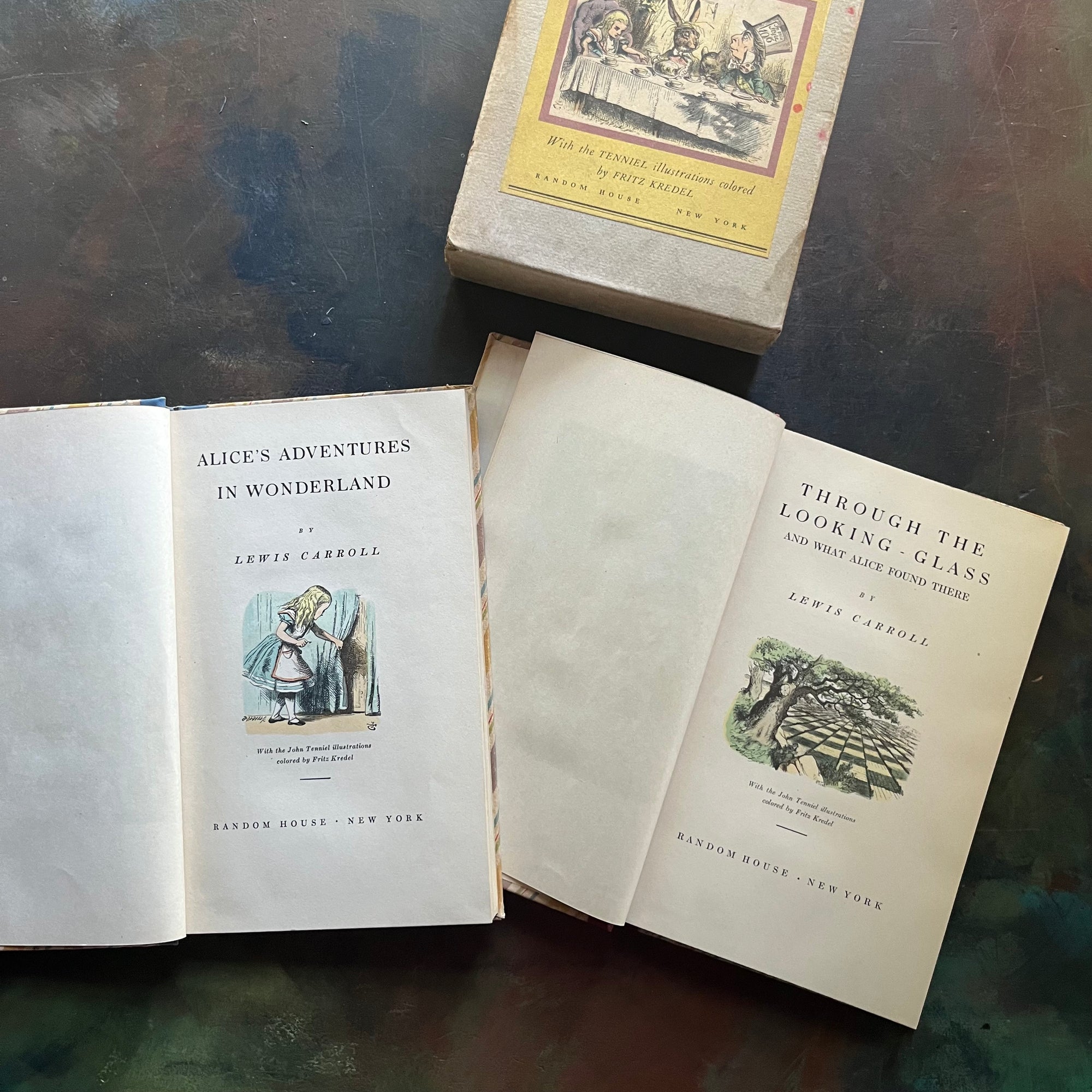 Random House Centennial Edition in Book Sleeve-Alice's Adventures in Wonderland-Through the Looking Glass & What Alice Saw There written by Lewis Carroll with illustrations by John Tenniel colored by Fritz Kredel-vintage children's classics-cabin100 book-view of the title pages