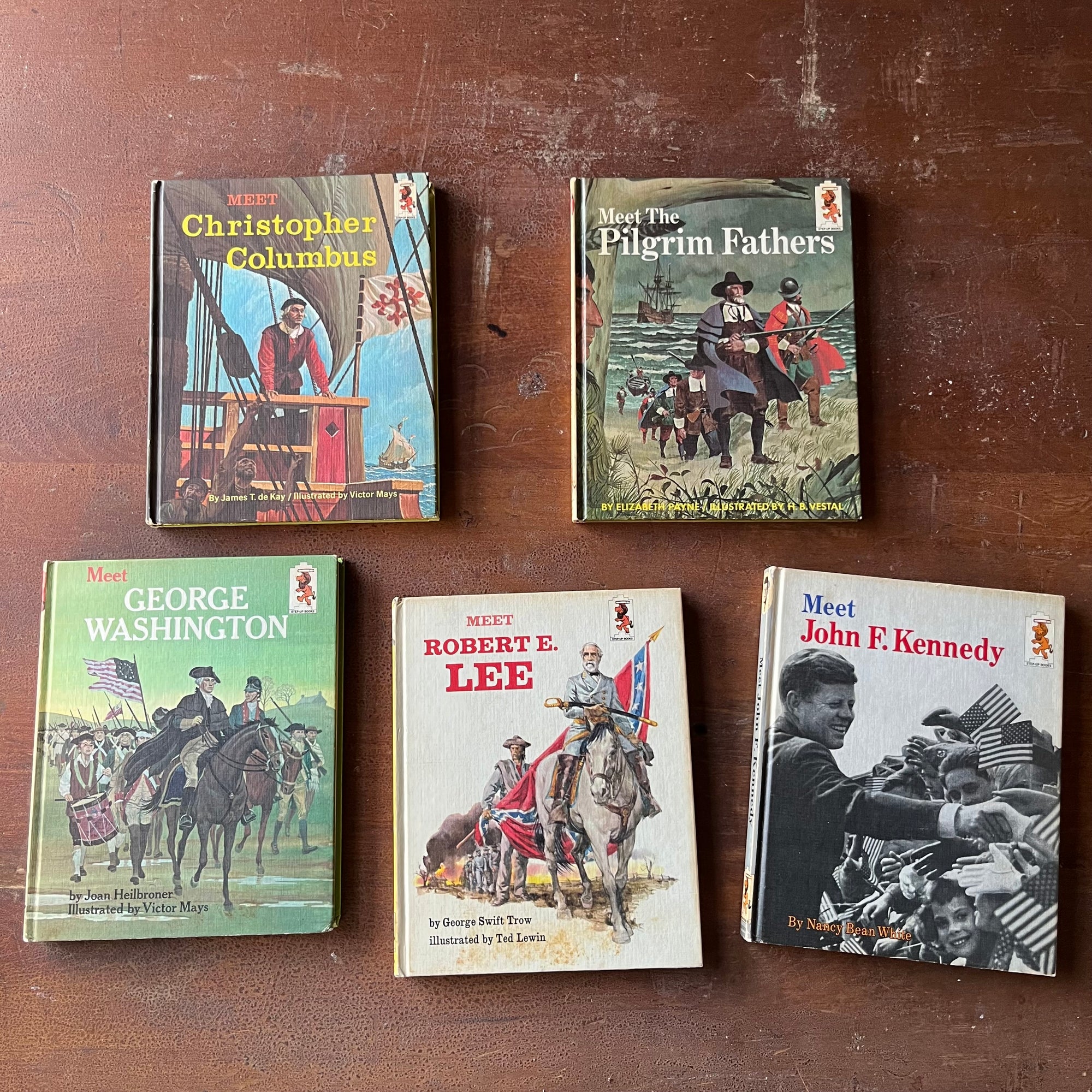 Random House Step Up To Reading History Book Set-Christopher Columbus, Pilgrims, George Washington, Robert E. Lee, John F. Kennedy-vintage children's history books-view of their colorful front covers with full illustrations taking up the entire covers with titles listed as well