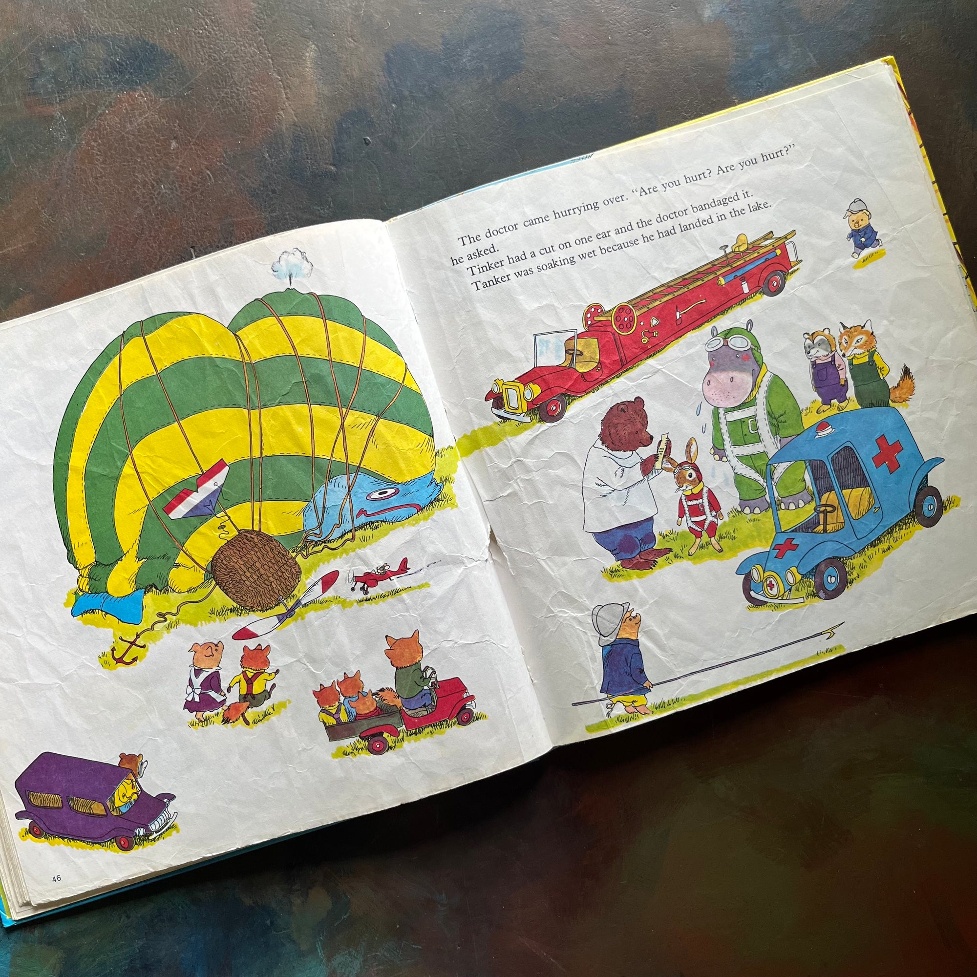 Richard Scarry's Tinker and Tanker Storybook-vintage picture book-vintage Richard Scarry-view of the condition of the middle page in the book - note the page wrinkles - this page is also coming loose from the book