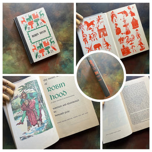 A collage of Junior Deluxe Edition books showing the cover, inside cover, spine, title page and copyright page of the book, Robin Hood, written by Howard Pyle - vintage children's classic literature books-collectible children's books-rainbow book spines