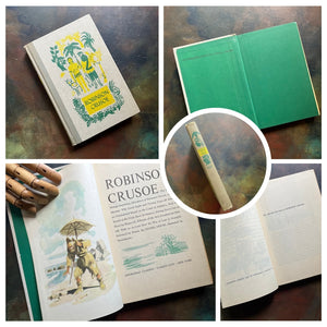 A collage of Junior Deluxe Edition books showing the cover, inside cover, spine, title page and copyright page of the book, Robinson Crusoe, written by Daniel DeFoe - vintage children's classic literature books-collectible children's books-rainbow book spines