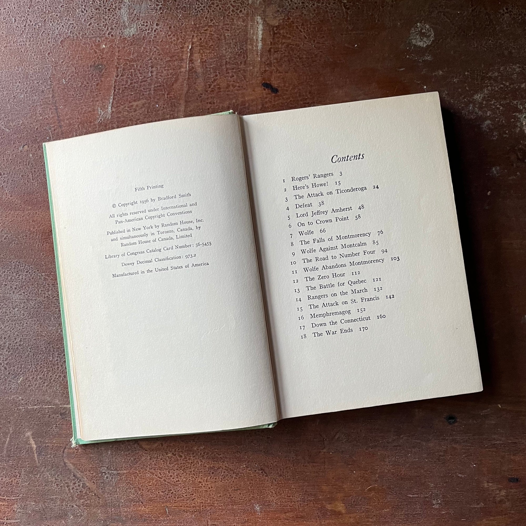 vintage children's living history book - Rogers' Rangers and The French and Indian War written by Bradford Smith with illustrations by John C. Wonsetler - view of the copyright & contents pages