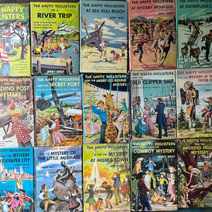 Set of 16 Happy Hollisters Mysteries written by Jerry West with illustrations by Helen S. Hamilton-vintage children's mystery books-wholesome books for children-view of the dust jacket front covers