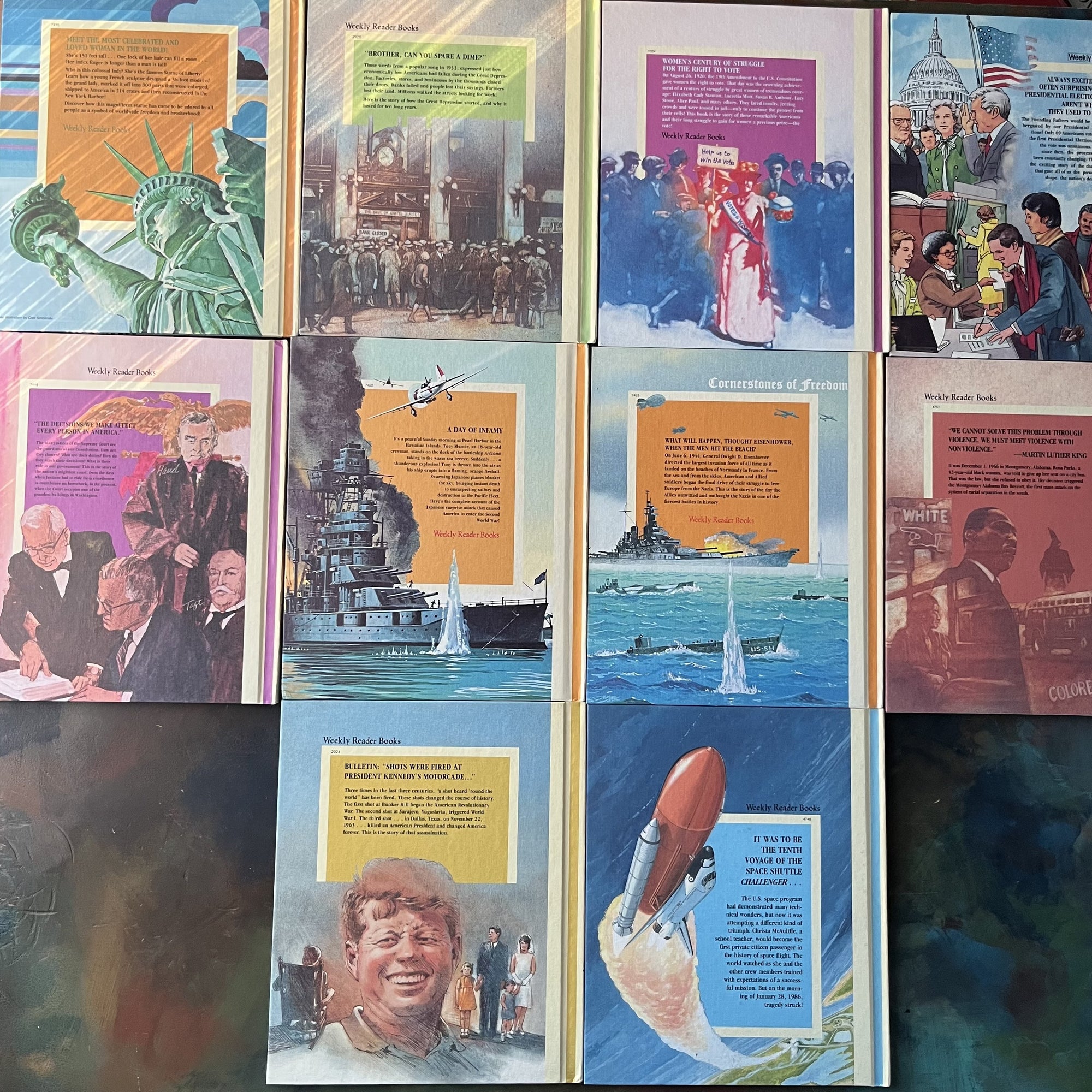 Set of 34 Cornerstones of Freedom History Books for Children in cardboard sleeve holder-vintage US History Picture Books-Early Readers-view of the back covers