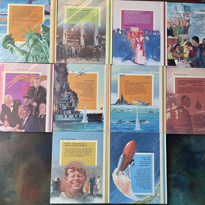 Set of 34 Cornerstones of Freedom History Books for Children in cardboard sleeve holder-vintage US History Picture Books-Early Readers-view of the back covers