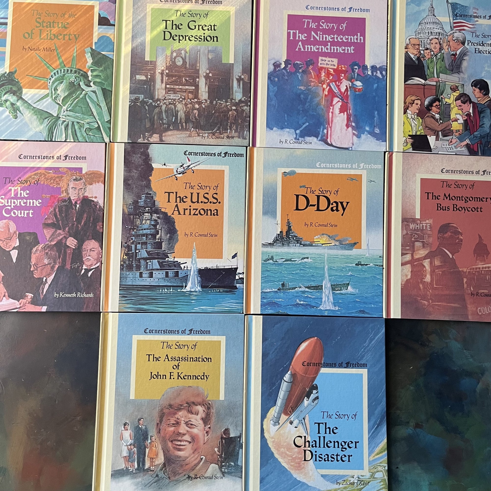 Set of 34 Cornerstones of Freedom History Books for Children in cardboard sleeve holder-vintage US History Picture Books-Early Readers-America250-view of the front covers