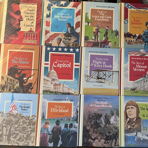 Set of 34 Cornerstones of Freedom History Books for Children in cardboard sleeve holder-vintage US History Picture Books-Early Readers-America250-view of the front covers