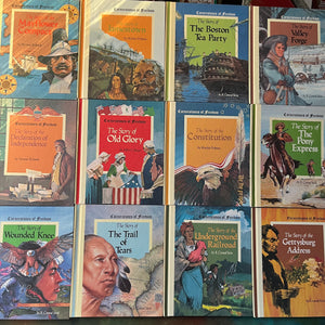 Set of 34 Cornerstones of Freedom History Books for Children in cardboard sleeve holder-vintage US History Picture Books-Early Readers-America250-view of the front covers