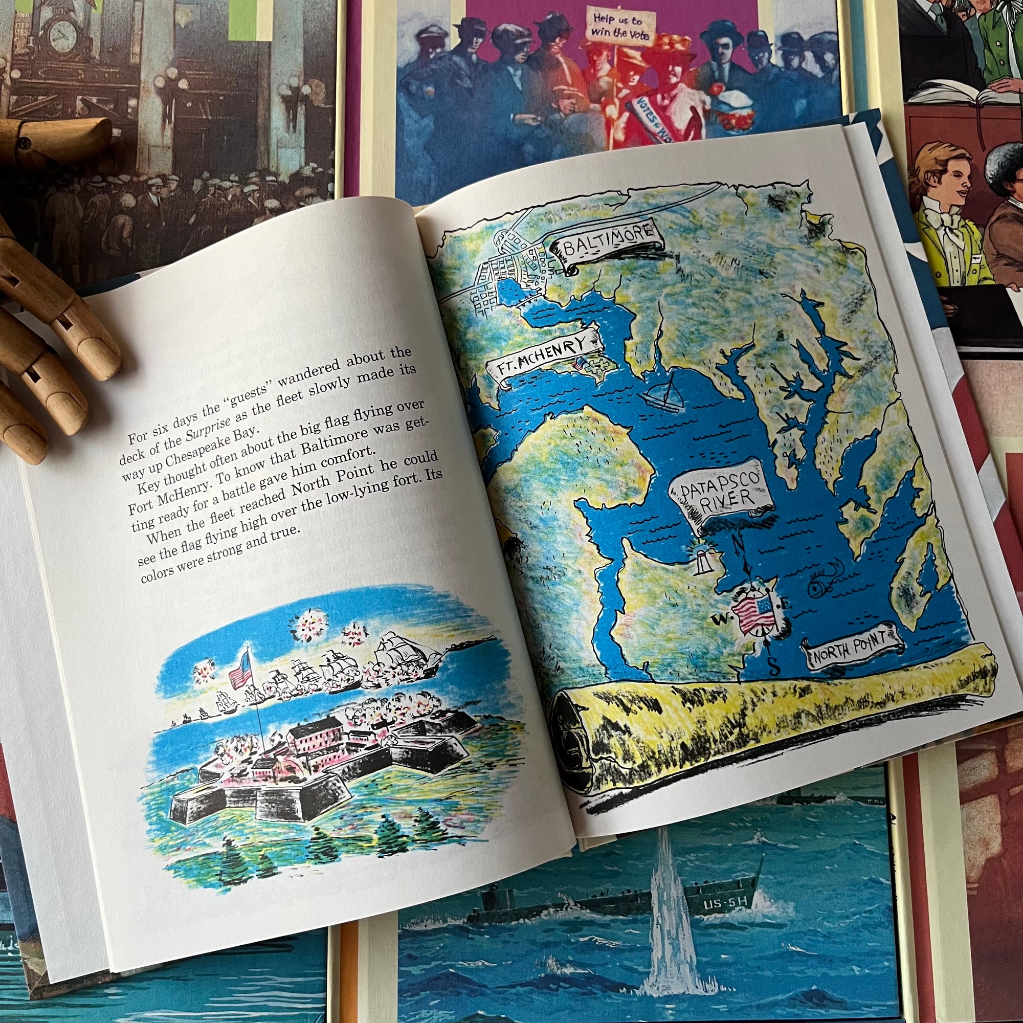 Set of 34 Cornerstones of Freedom History Books for Children in cardboard sleeve holder-vintage US History Picture Books-Early Readers-America250-view of a sample of the illustrations within the pages