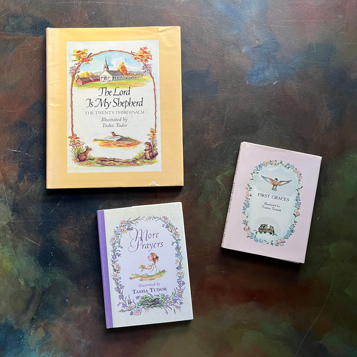 Set of 3 Tasha Tudor Books First Graces, More Prayers & The Lord is My Shepard-classic children's books-religious books for children-view of the front covers with dust jackets in place