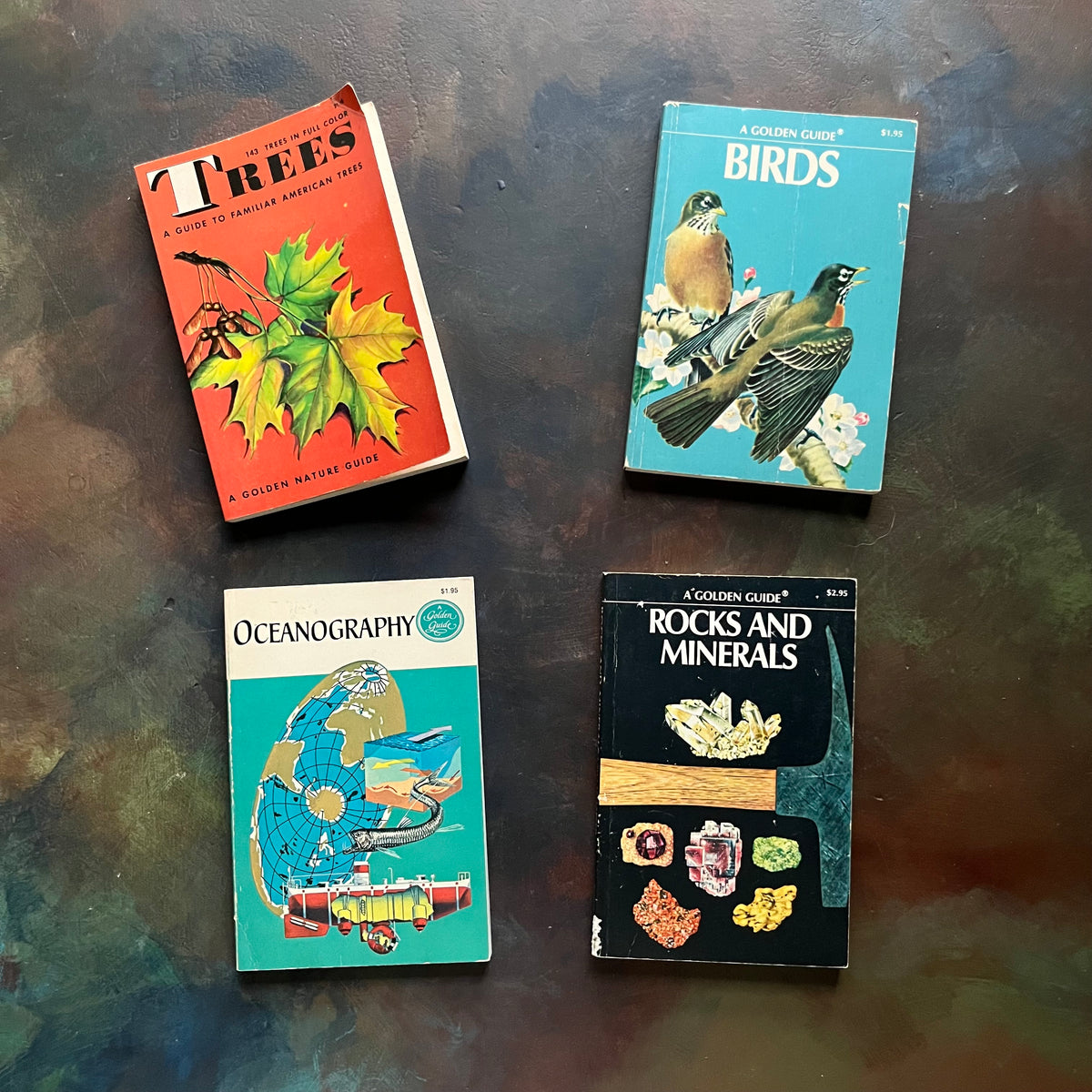 Set of 4 Golden Guides-Pocket Nature Guides-Vintage Nature Guides- Rocks & Minerals, Oceanography, Birds, & Trees-view of the front covers