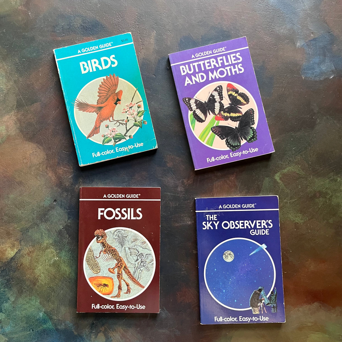 Set of 4 Golden Guides-vintage pocket nature guides-The Sky Observer's Guide, Fossils, Butterflies & Moths, and Birds-view of the front covers
